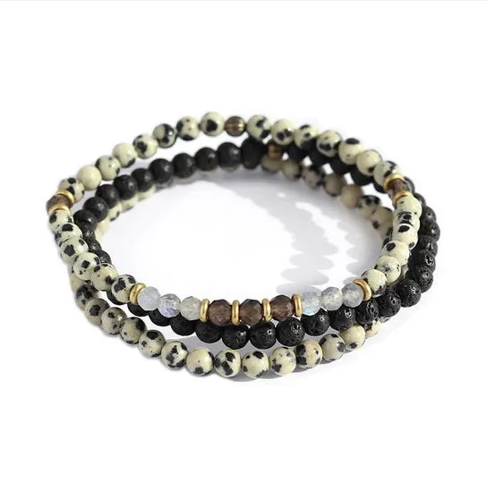 Balance and Grounding Dalmatian Jasper and Smoky Quartz Delicate Bracelet Stack