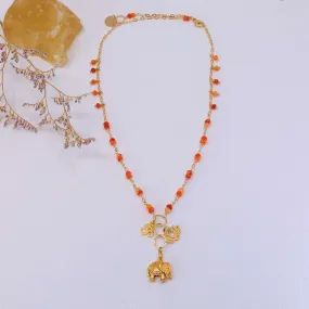 Bali in Bloom - Carnelian Gold Elephant Lotus Om Pendants Necklace