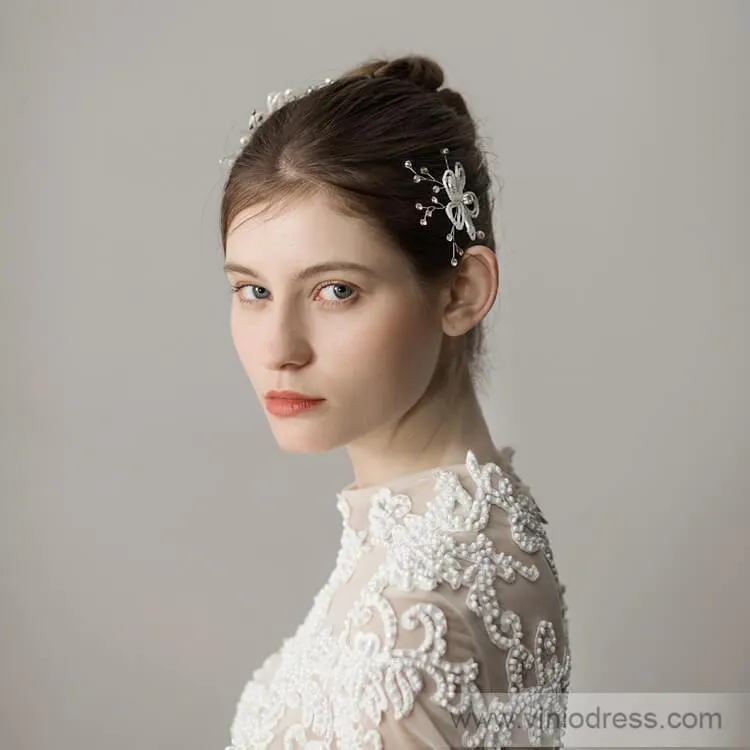 Beaded Floral Bridal Comb Silver Crystal Hairpin Viniodress ACC1131