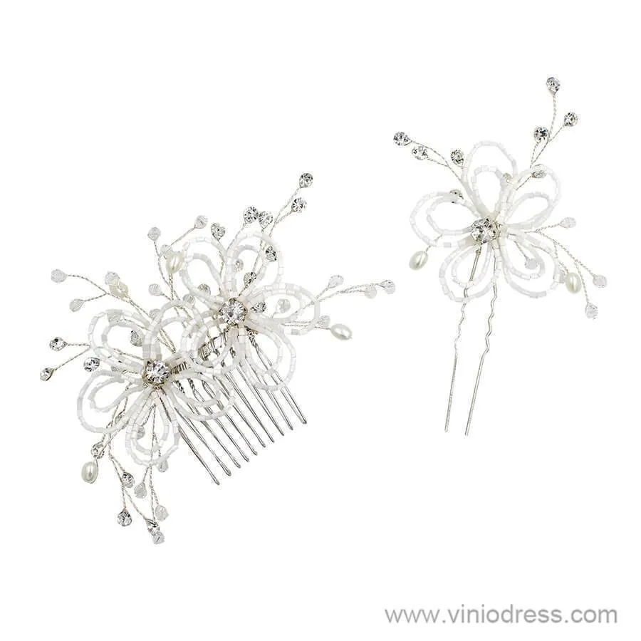 Beaded Floral Bridal Comb Silver Crystal Hairpin Viniodress ACC1131