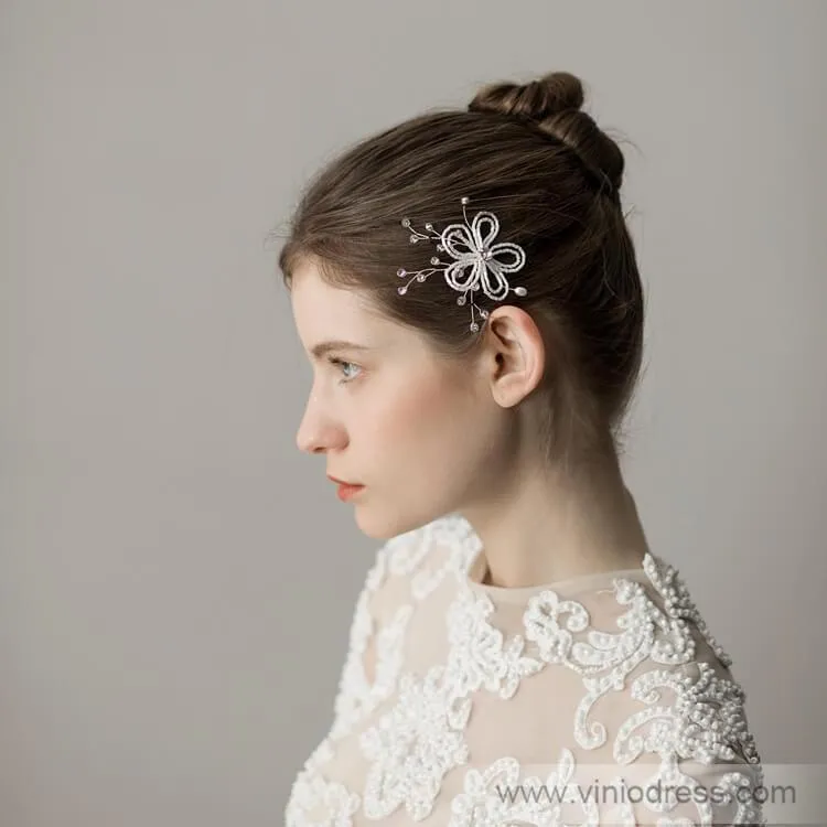 Beaded Floral Bridal Comb Silver Crystal Hairpin Viniodress ACC1131