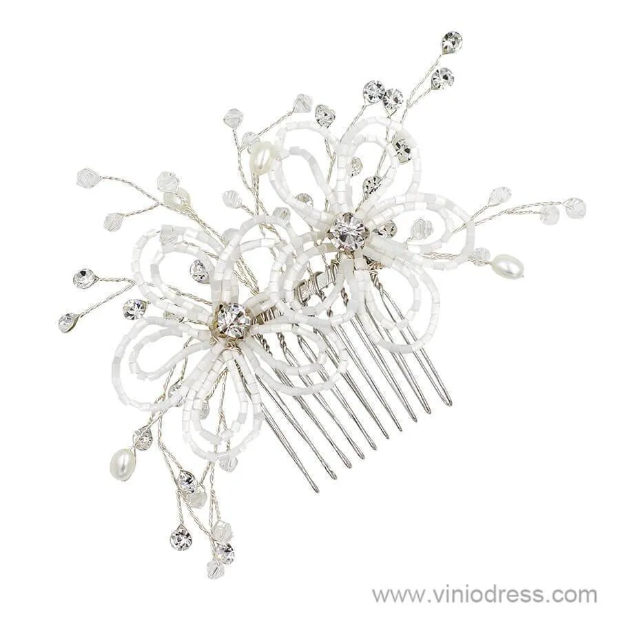 Beaded Floral Bridal Comb Silver Crystal Hairpin Viniodress ACC1131