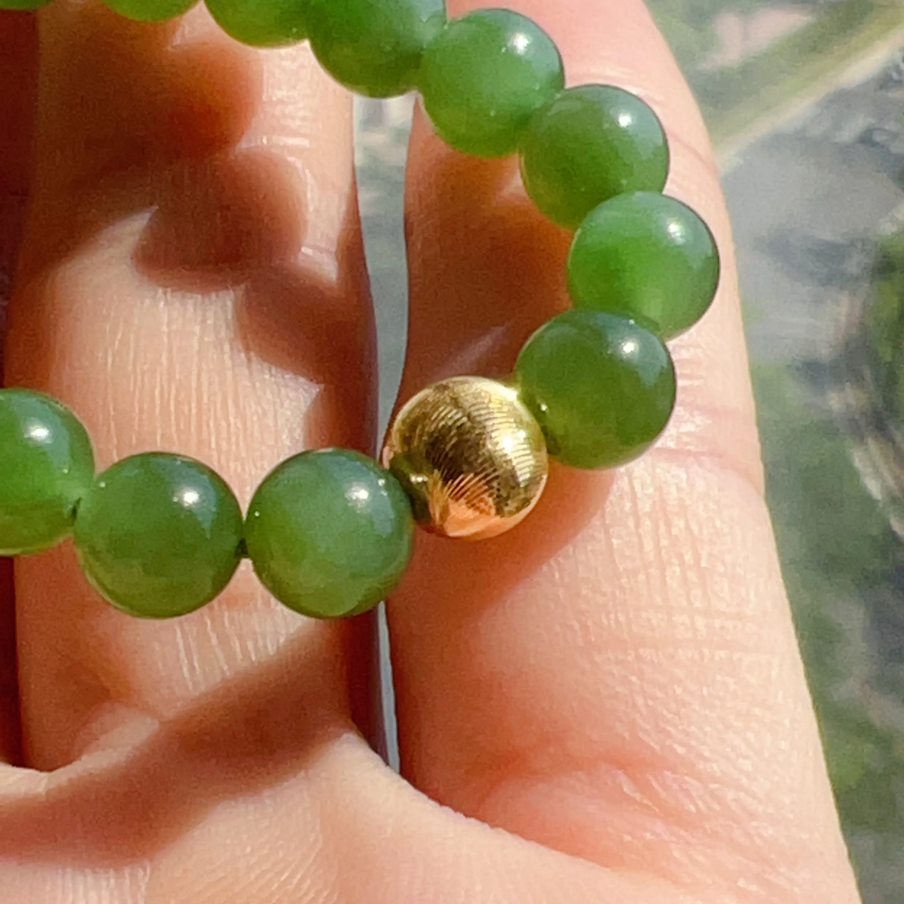 Best Color Green Nephrite Jade Bracelet with 18K Yellow Gold Cat Eye Bead | Natural Heart Chakra Healing Stone Jewelry