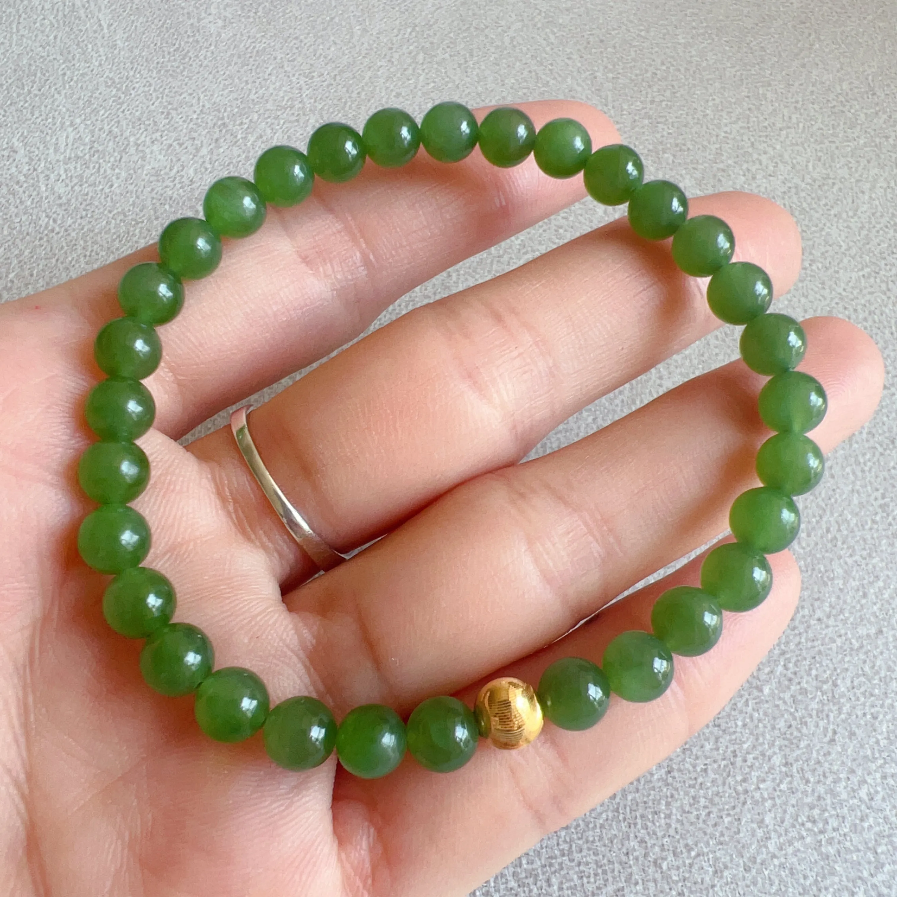 Best Color Green Nephrite Jade Bracelet with 18K Yellow Gold Cat Eye Bead | Natural Heart Chakra Healing Stone Jewelry