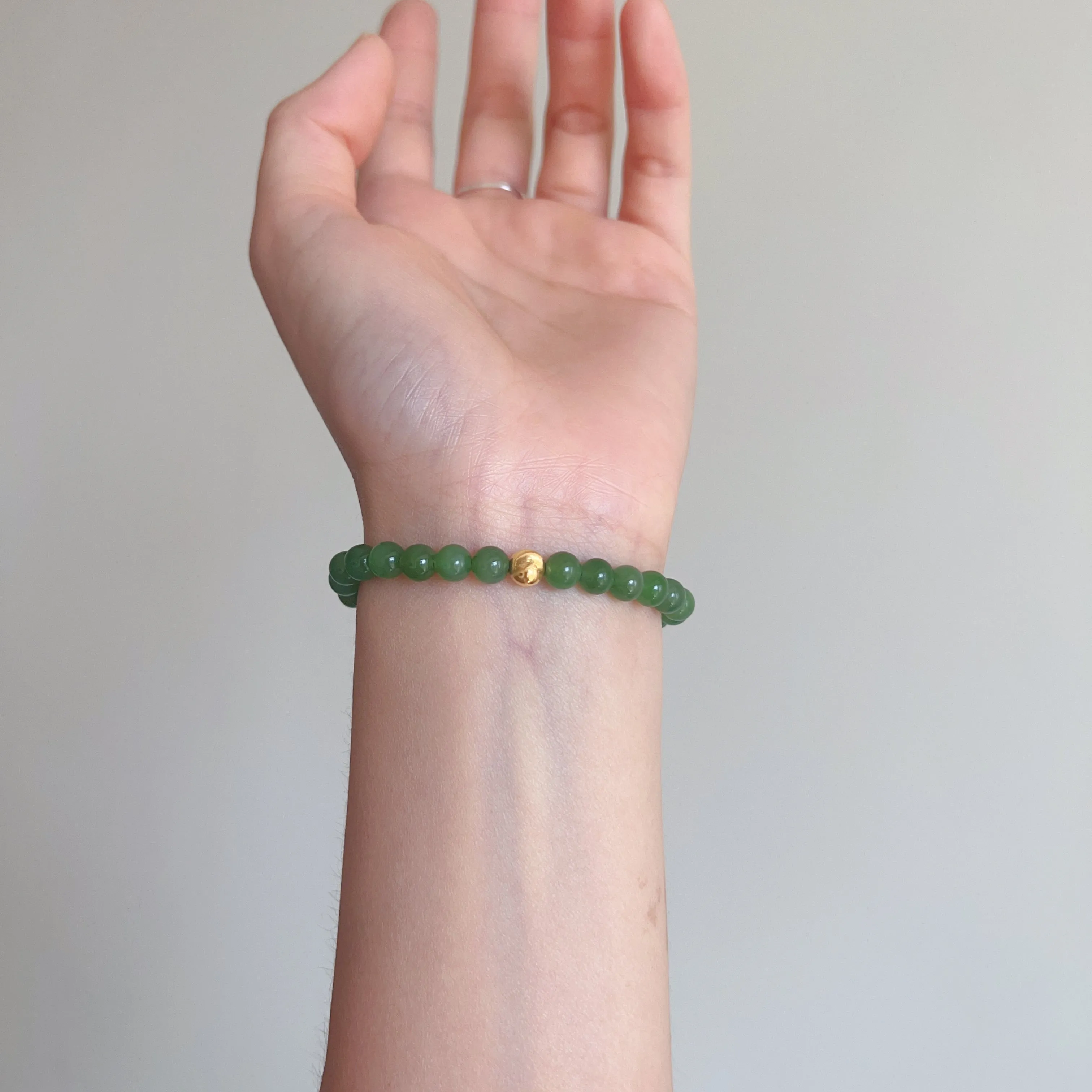 Best Color Green Nephrite Jade Bracelet with 18K Yellow Gold Cat Eye Bead | Natural Heart Chakra Healing Stone Jewelry