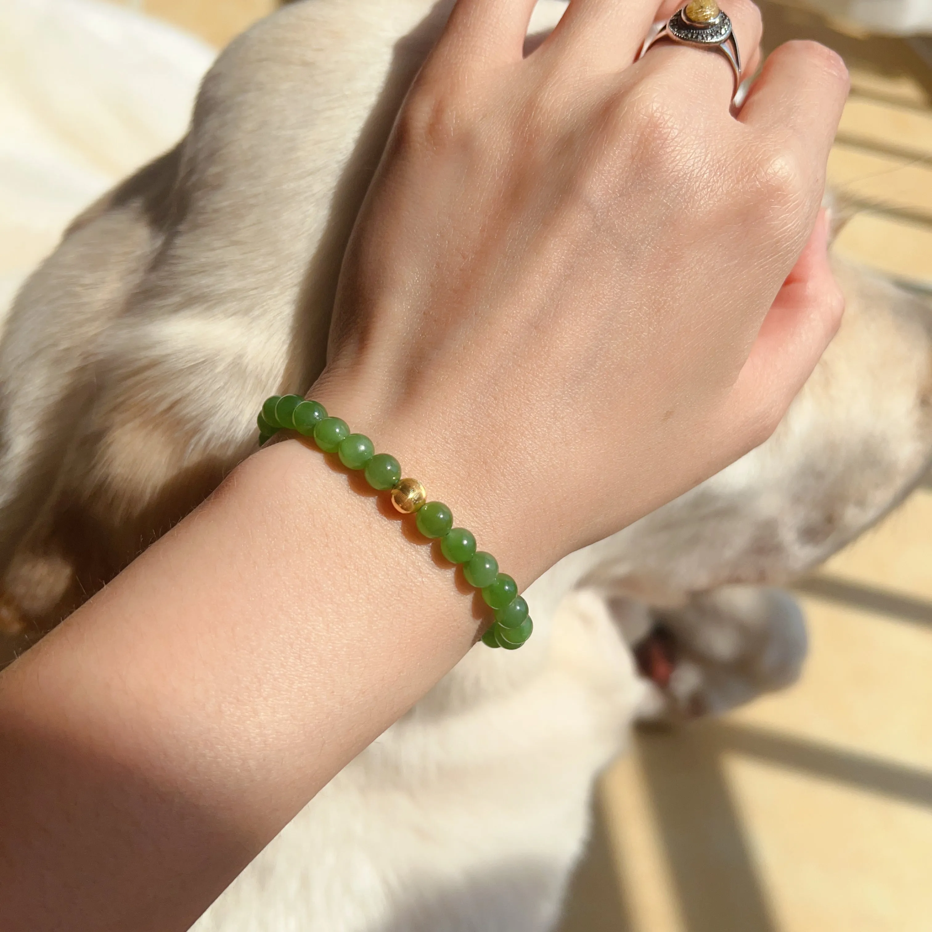 Best Color Green Nephrite Jade Bracelet with 18K Yellow Gold Cat Eye Bead | Natural Heart Chakra Healing Stone Jewelry