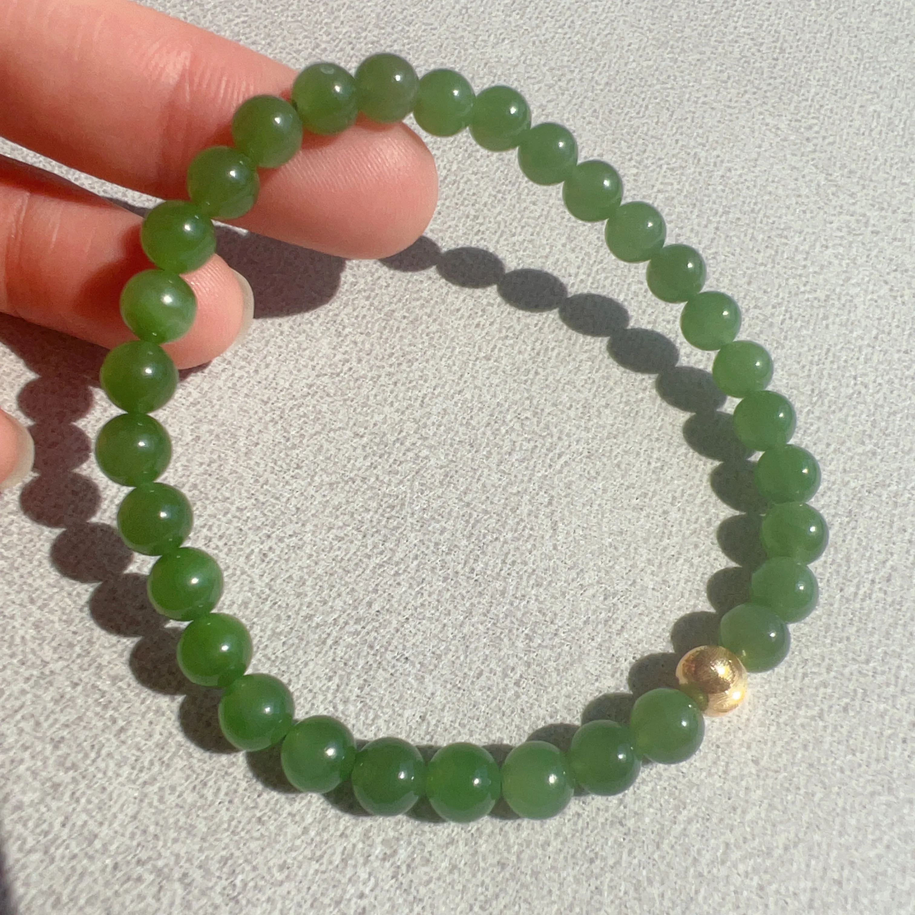 Best Color Green Nephrite Jade Bracelet with 18K Yellow Gold Cat Eye Bead | Natural Heart Chakra Healing Stone Jewelry