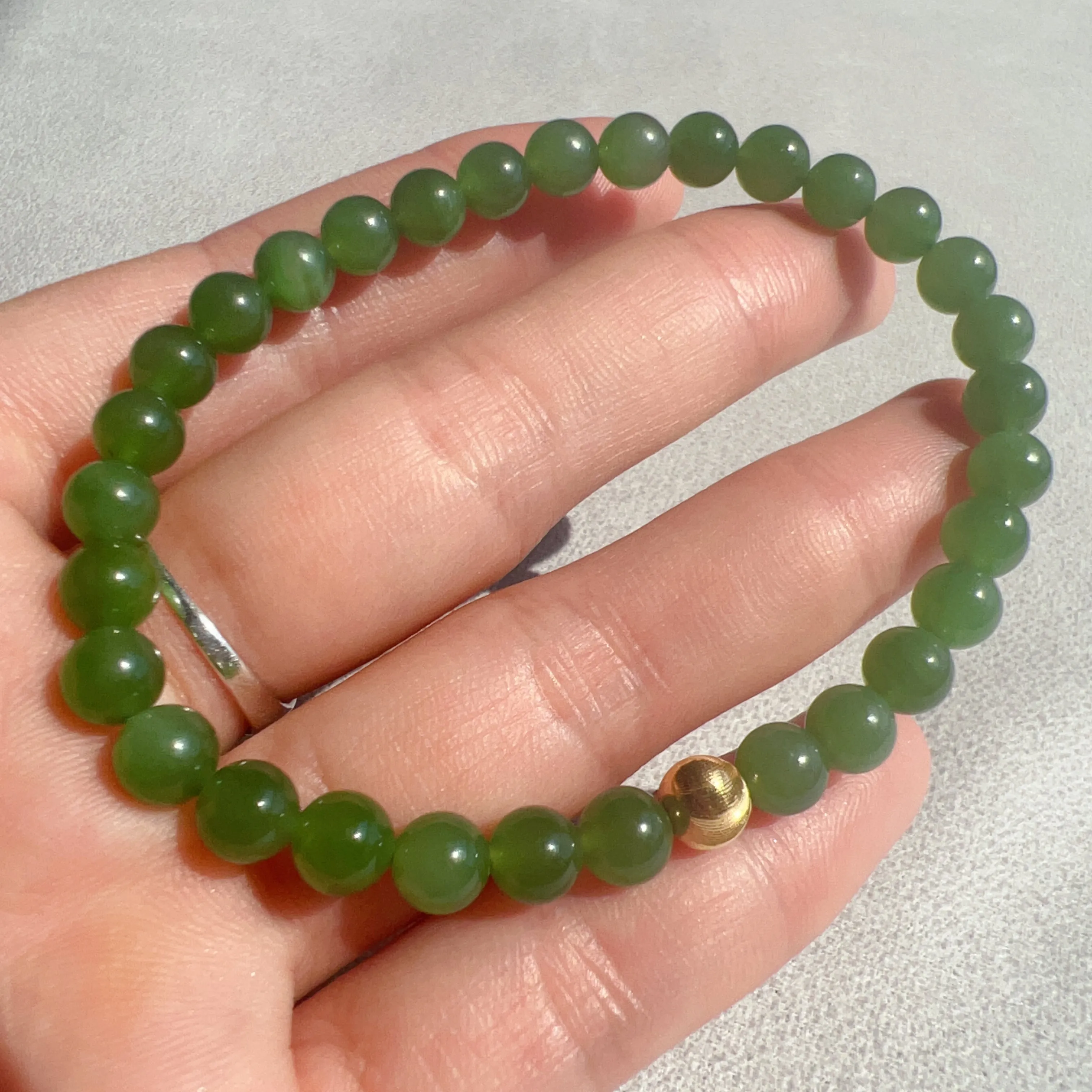 Best Color Green Nephrite Jade Bracelet with 18K Yellow Gold Cat Eye Bead | Natural Heart Chakra Healing Stone Jewelry