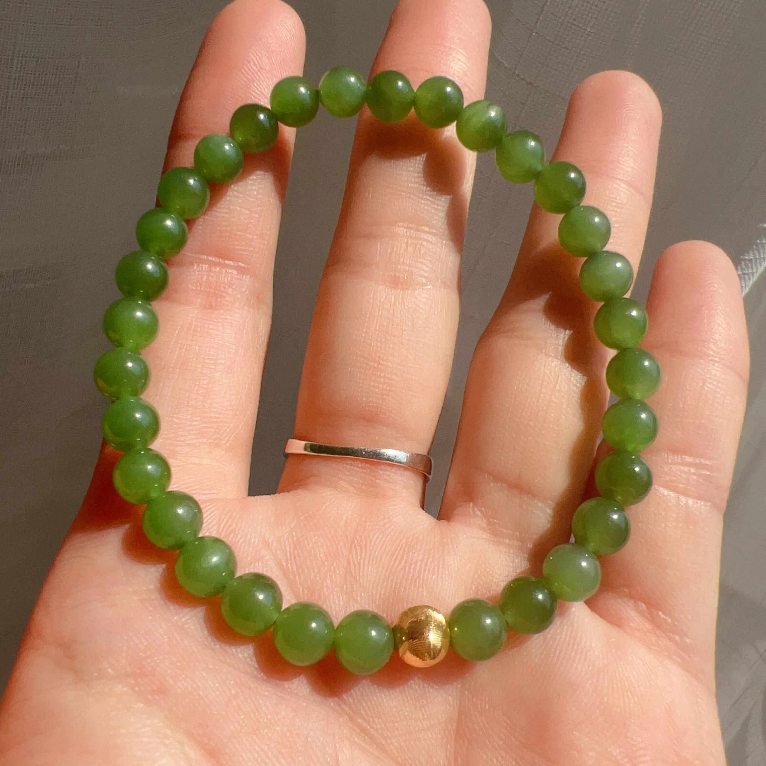 Best Color Green Nephrite Jade Bracelet with 18K Yellow Gold Cat Eye Bead | Natural Heart Chakra Healing Stone Jewelry