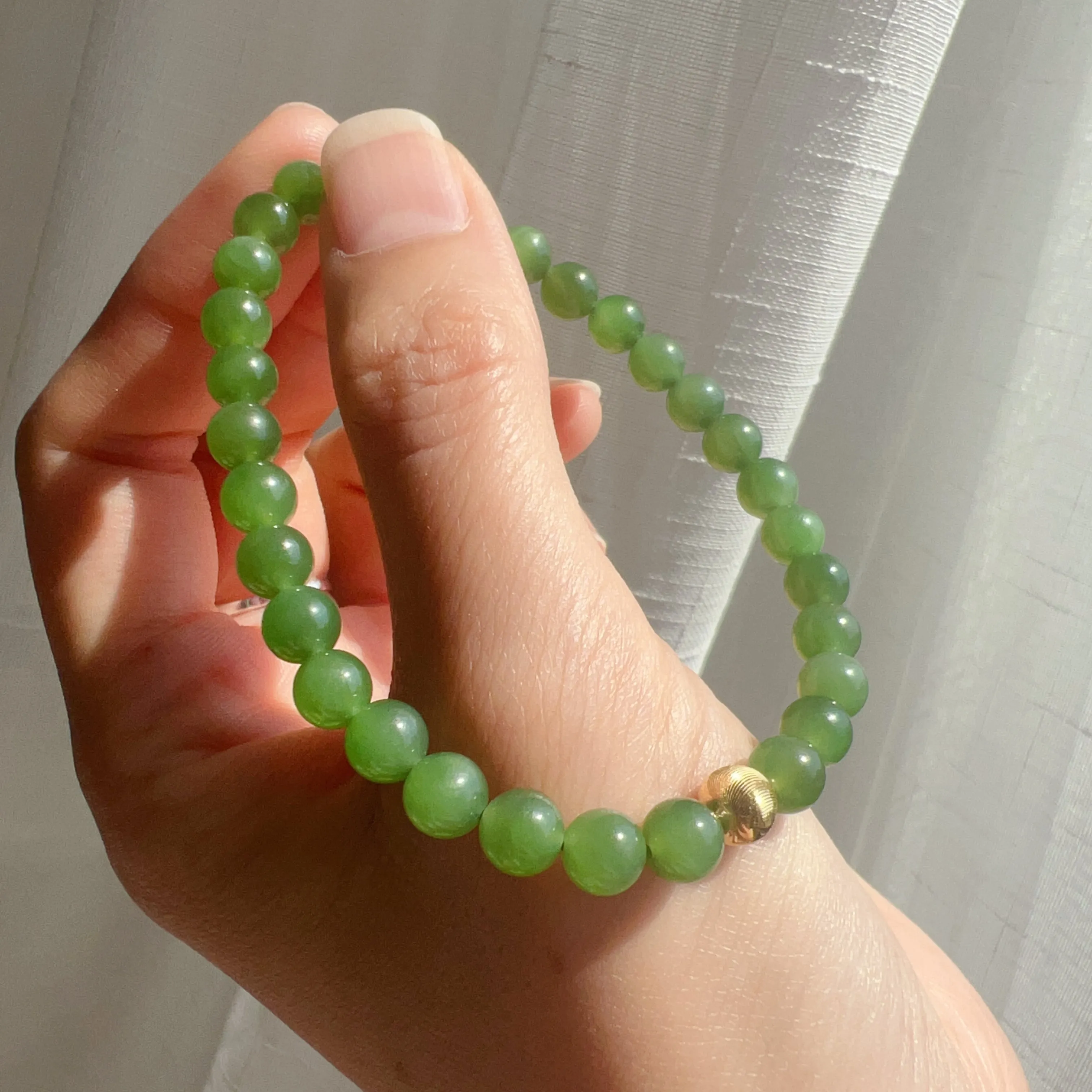 Best Color Green Nephrite Jade Bracelet with 18K Yellow Gold Cat Eye Bead | Natural Heart Chakra Healing Stone Jewelry