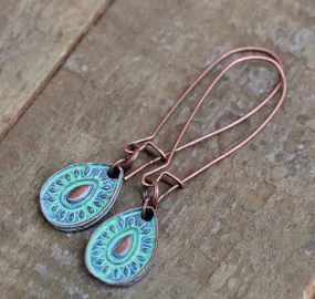 Blue Boho Earrings, Patina Copper Teardrop Earrings, Long Bohemian Earrings, Long Drop Earrings, Blue Patina Jewelry