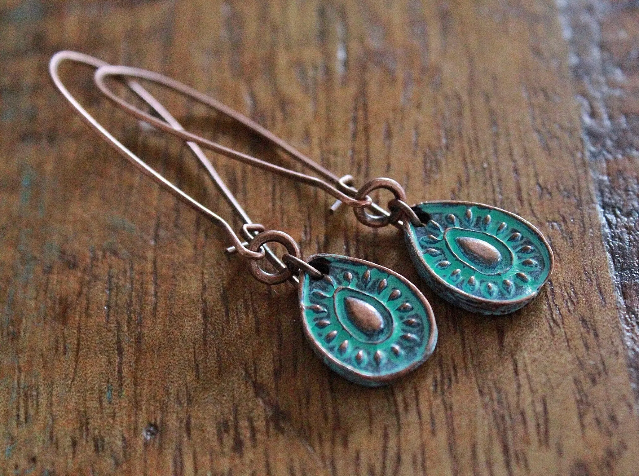 Blue Boho Earrings, Patina Copper Teardrop Earrings, Long Bohemian Earrings, Long Drop Earrings, Blue Patina Jewelry