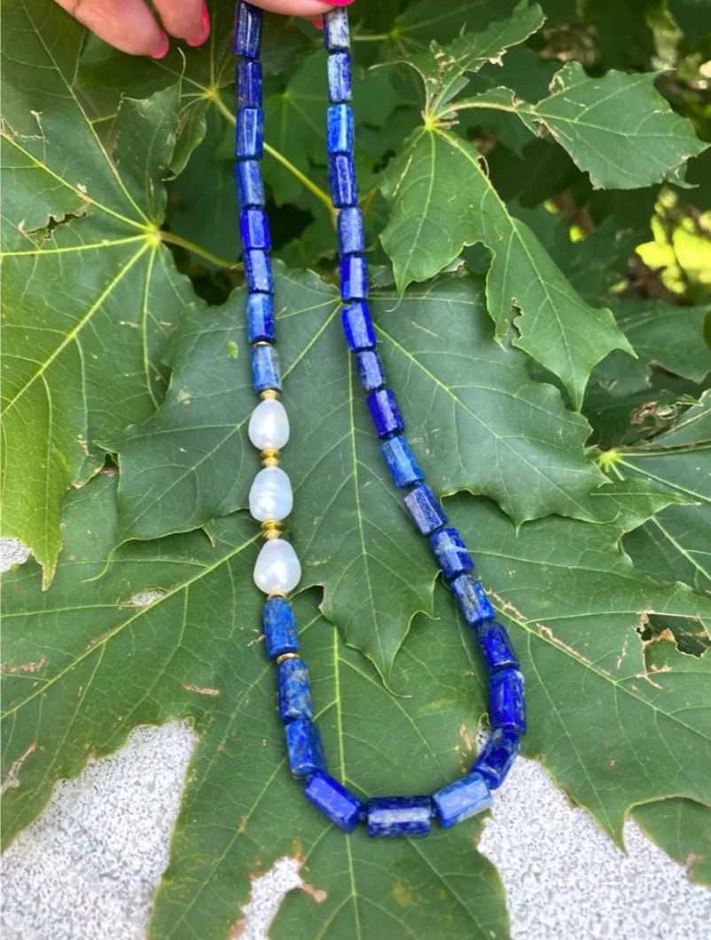 Blue Lapis Lazuli and Baroque Freshwater Pearl Necklace in 18K findings