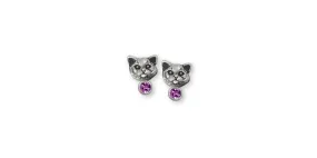 British Shorthair Birthstone Earrings Jewelry Sterling Silver Handmade Cat Earrings BRS6-SE