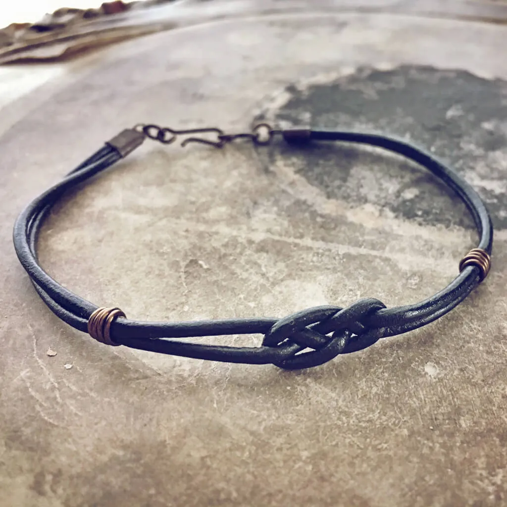 carrick bend // simple black leather knot friendship bracelet