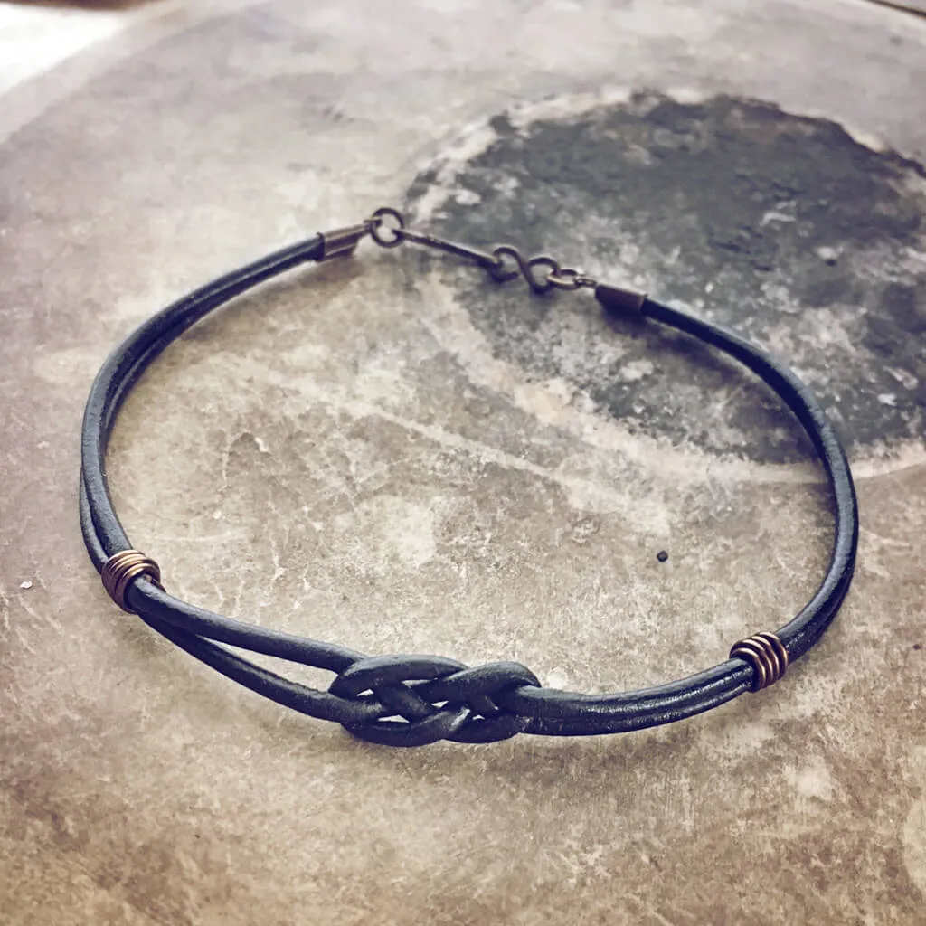 carrick bend // simple black leather knot friendship bracelet