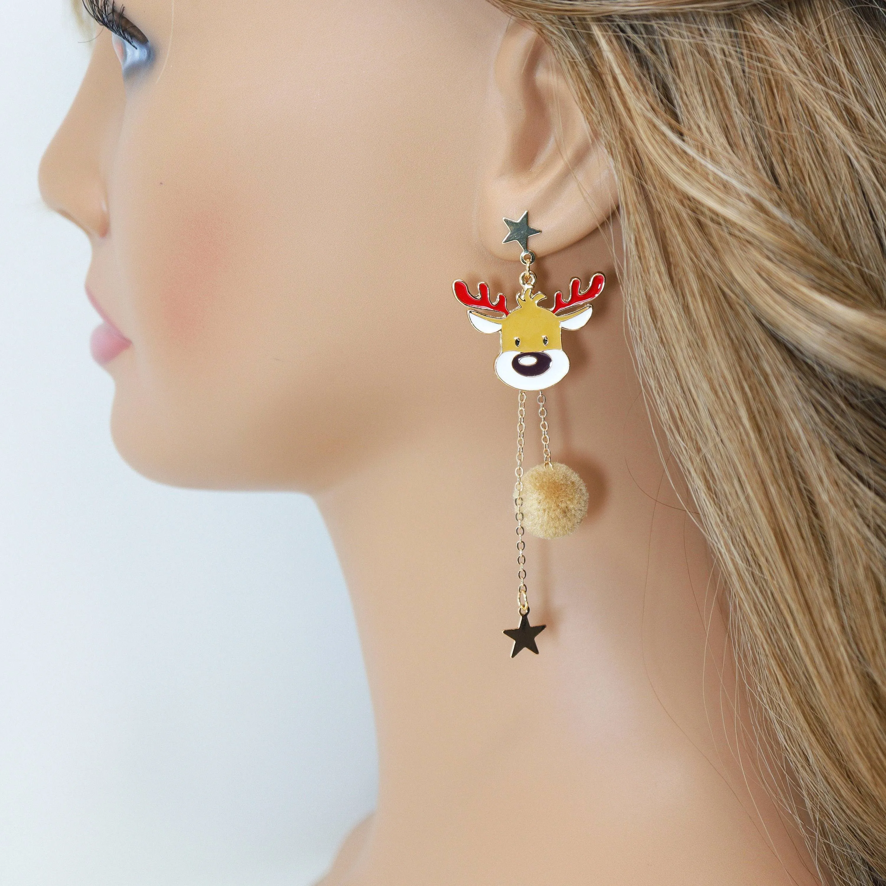 Catching Stars With Reindeer Christmas Themed Beige earrings, Long Tassel Christmas Earrings Statement Christmas earrings.