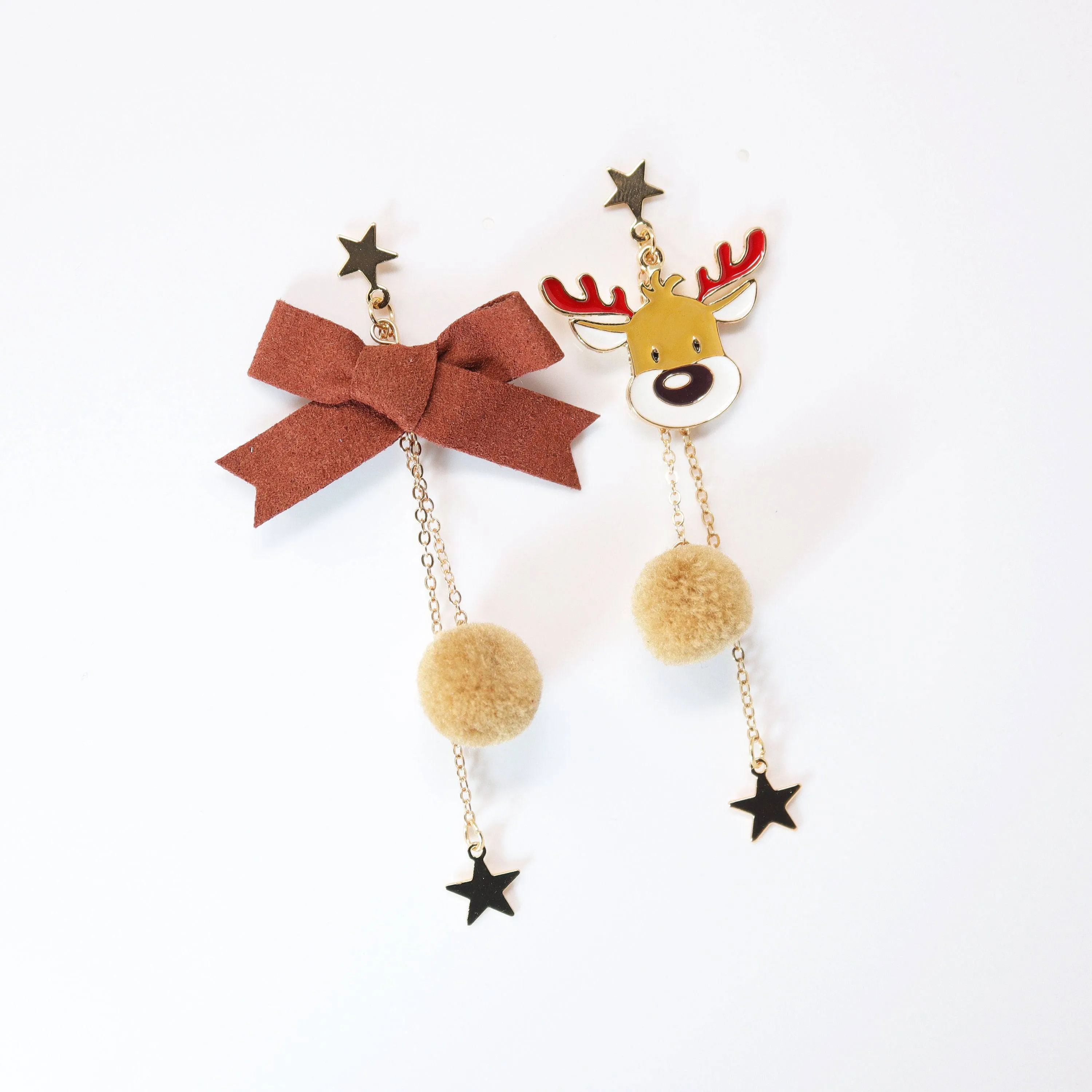 Catching Stars With Reindeer Christmas Themed Beige earrings, Long Tassel Christmas Earrings Statement Christmas earrings.