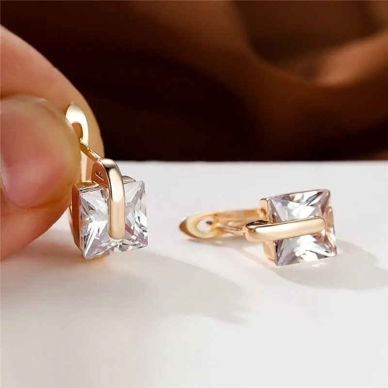 Champagne Gold Color Luxury Crystal Square Stone Hoop Earrings