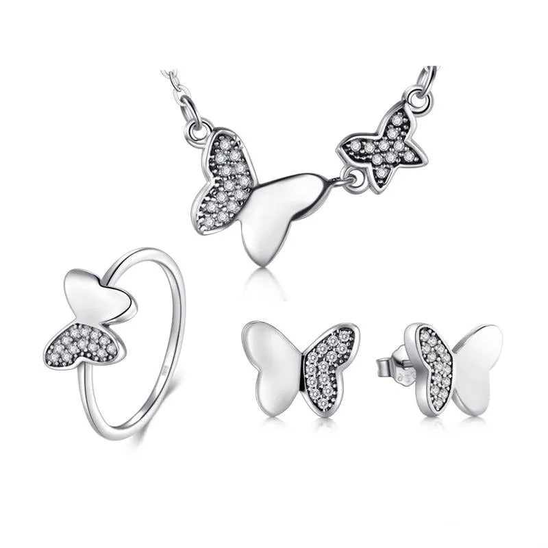 Classic Butterfly Cubic Zirconia 925 Sterling Silver Necklace, Earrings & Ring Vintage Jewelry Set