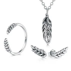 Classic Tree Leaf 925 Sterling Silver Necklace, Earrings & Ring Wedding Jewelry Set