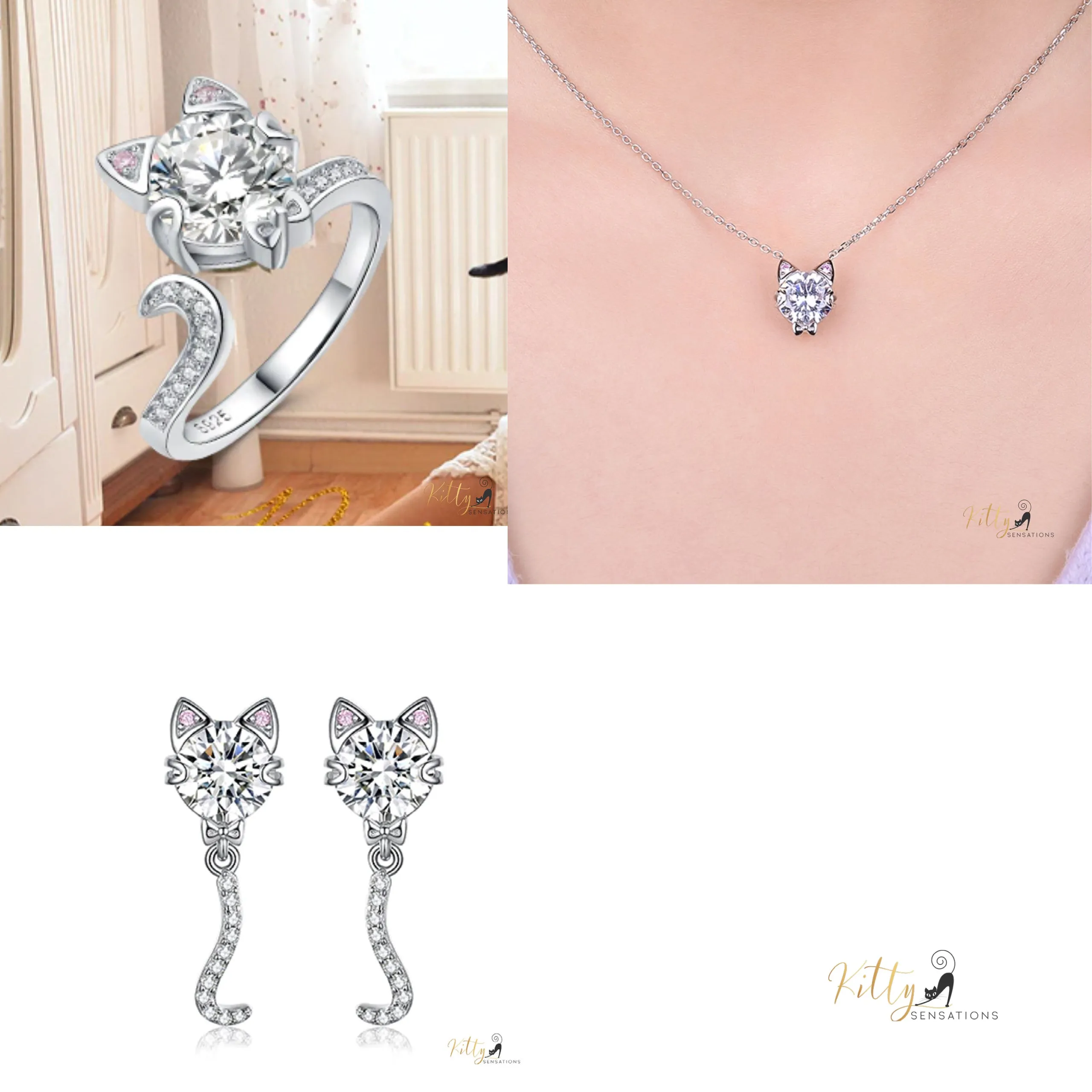 Classy Sparkling CZ Kitty 3-Piece Jewelry Set (Fine Jewelry) in Solid 925 Sterling Silver