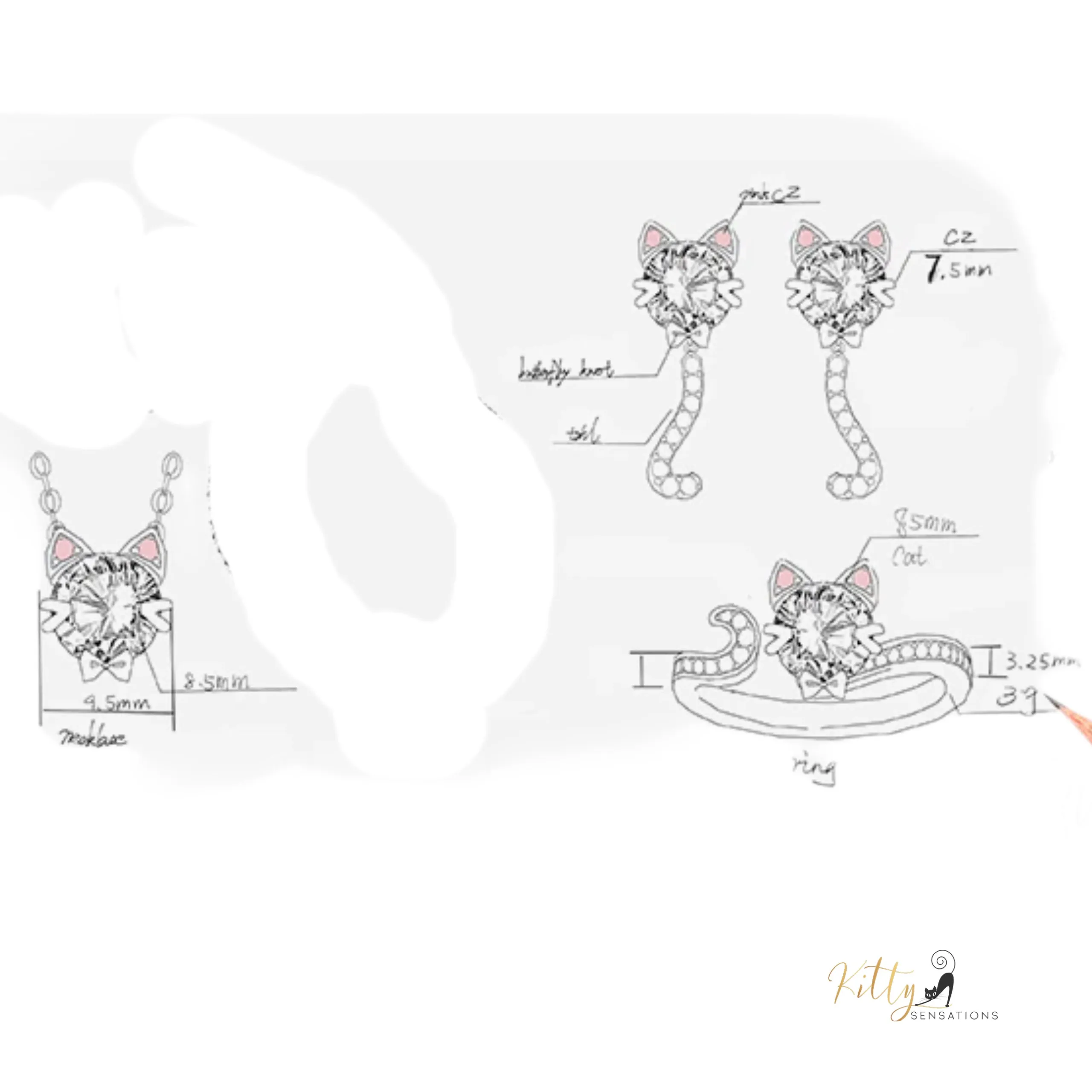 Classy Sparkling CZ Kitty 3-Piece Jewelry Set (Fine Jewelry) in Solid 925 Sterling Silver