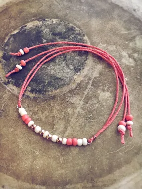 coral // coral off white and rose gold beaded bar hemp tie wrap bracelet