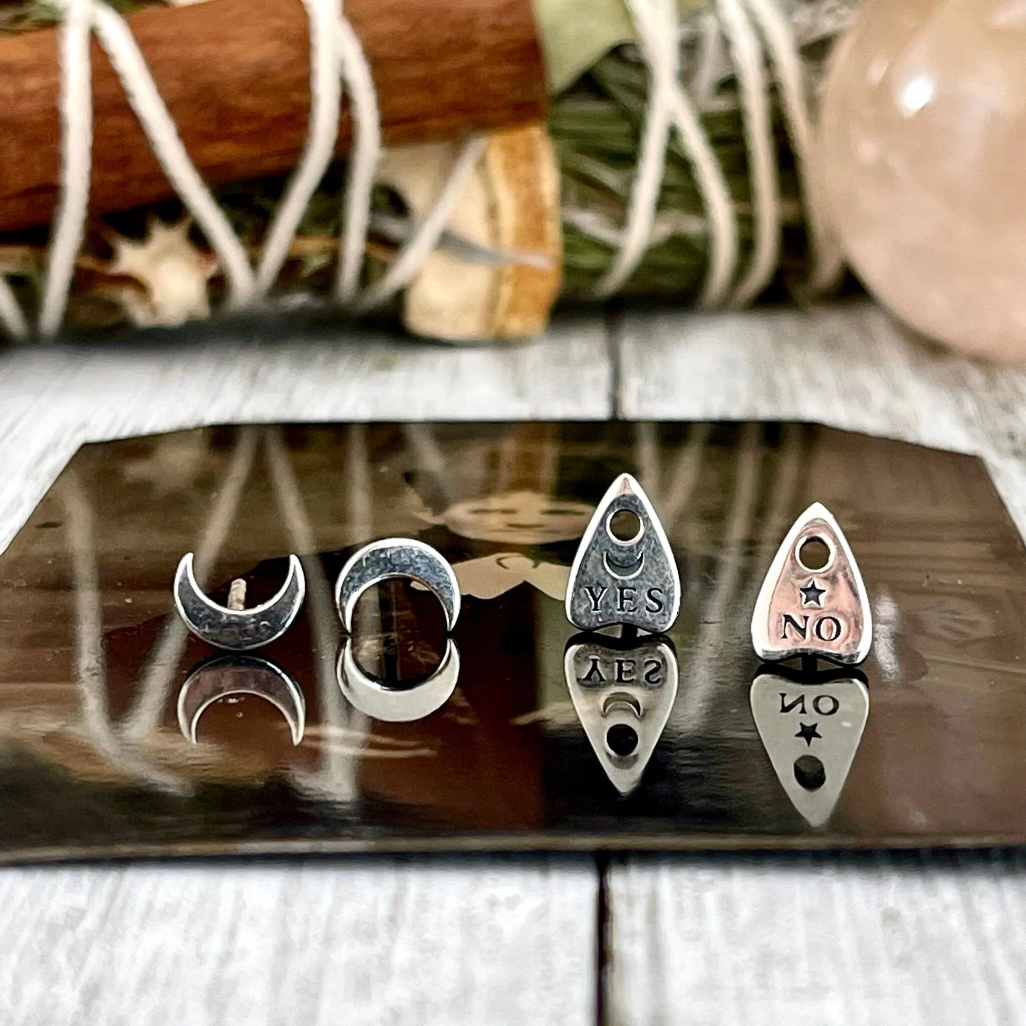 Crescent Moon and Planchette Stud Earring Set / Sterling Silver Stud Earrings