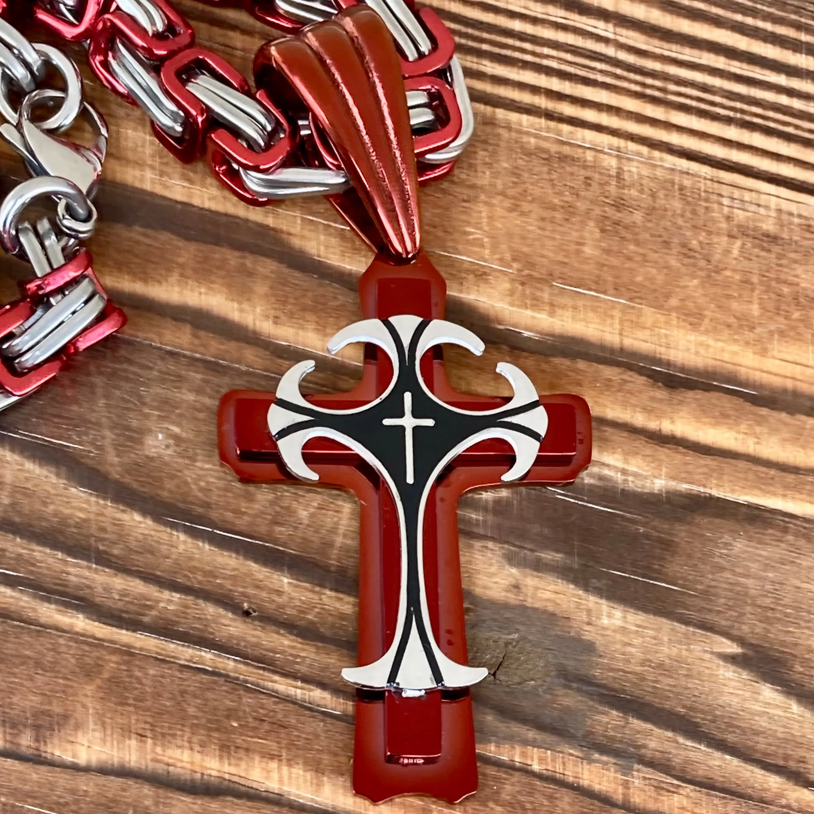 Cross - Risen Cross Red & Silver Pendant - Necklace - PEN826