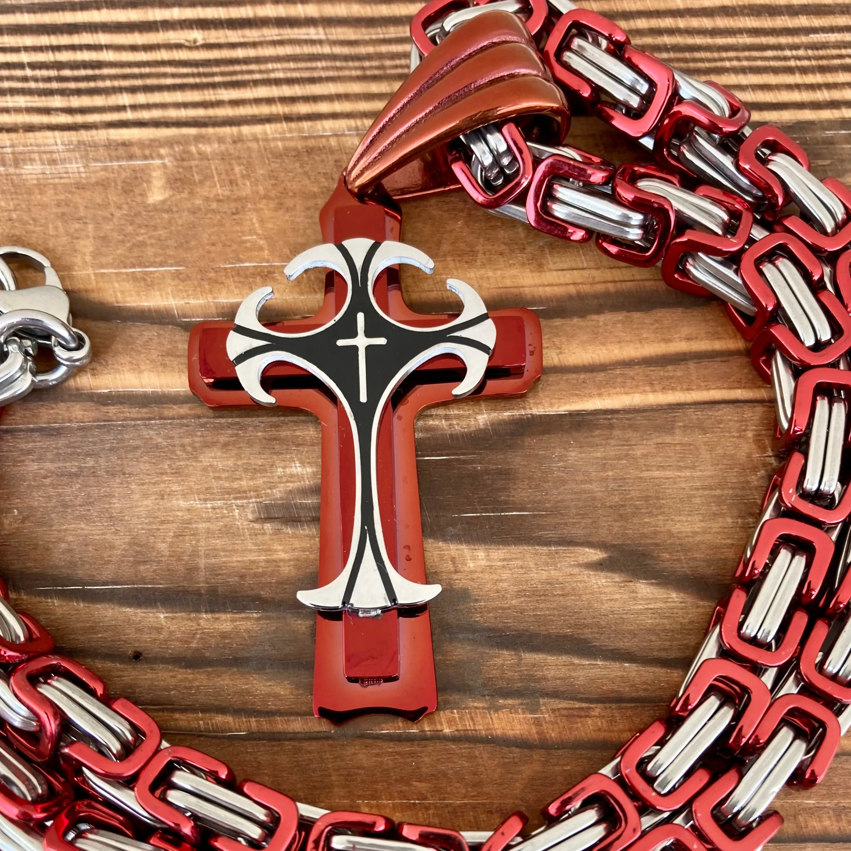 Cross - Risen Cross Red & Silver Pendant - Necklace - PEN826