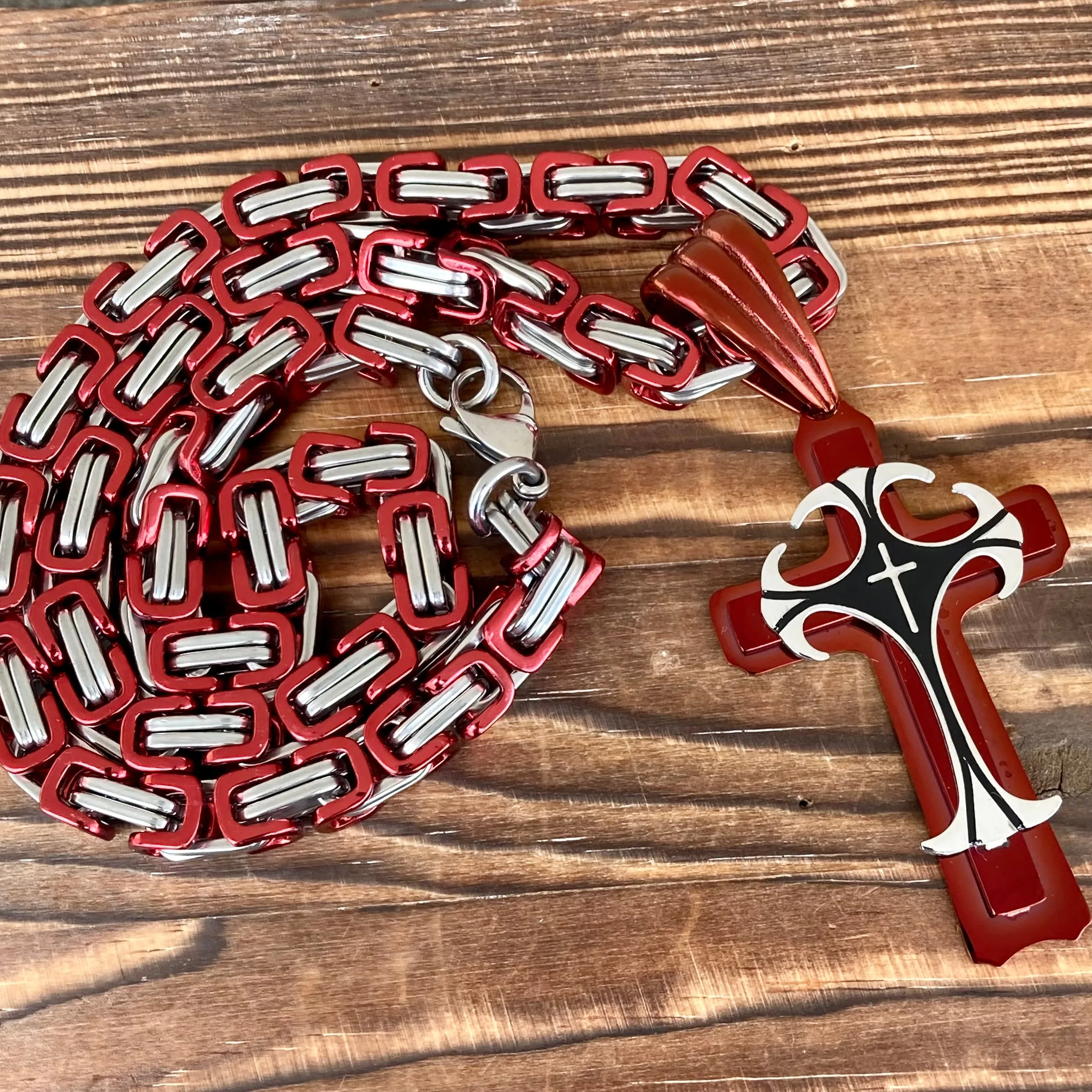 Cross - Risen Cross Red & Silver Pendant - Necklace - PEN826