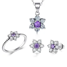 Crystal 925 Sterling Silver Necklace, Stud Earrings & Ring Fashion Wedding Jewelry Set