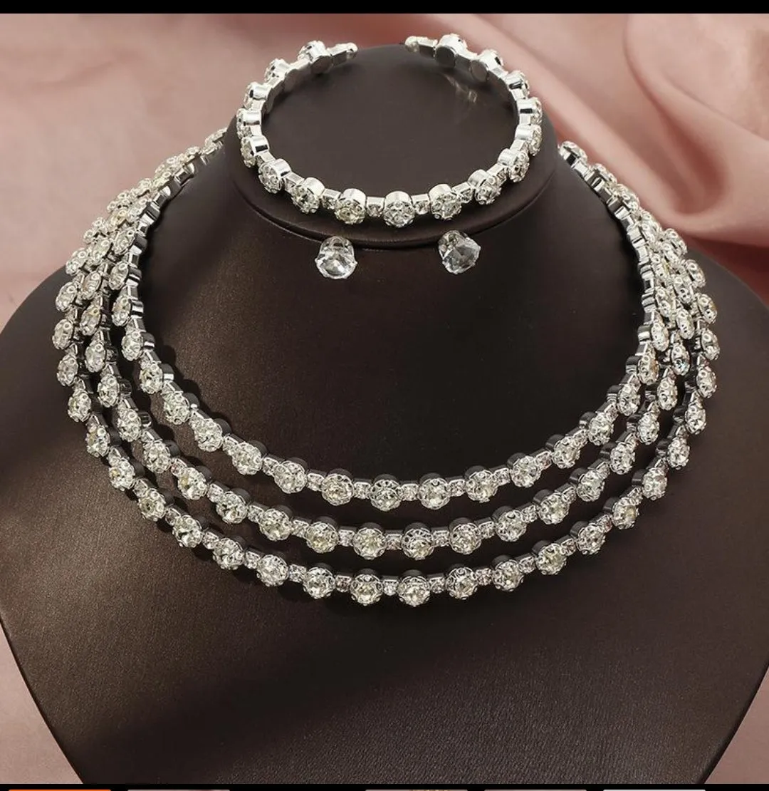 Crystal Choker Bridal Jewelry Set Women's Rhinestone Wedding Earrings Bracelet