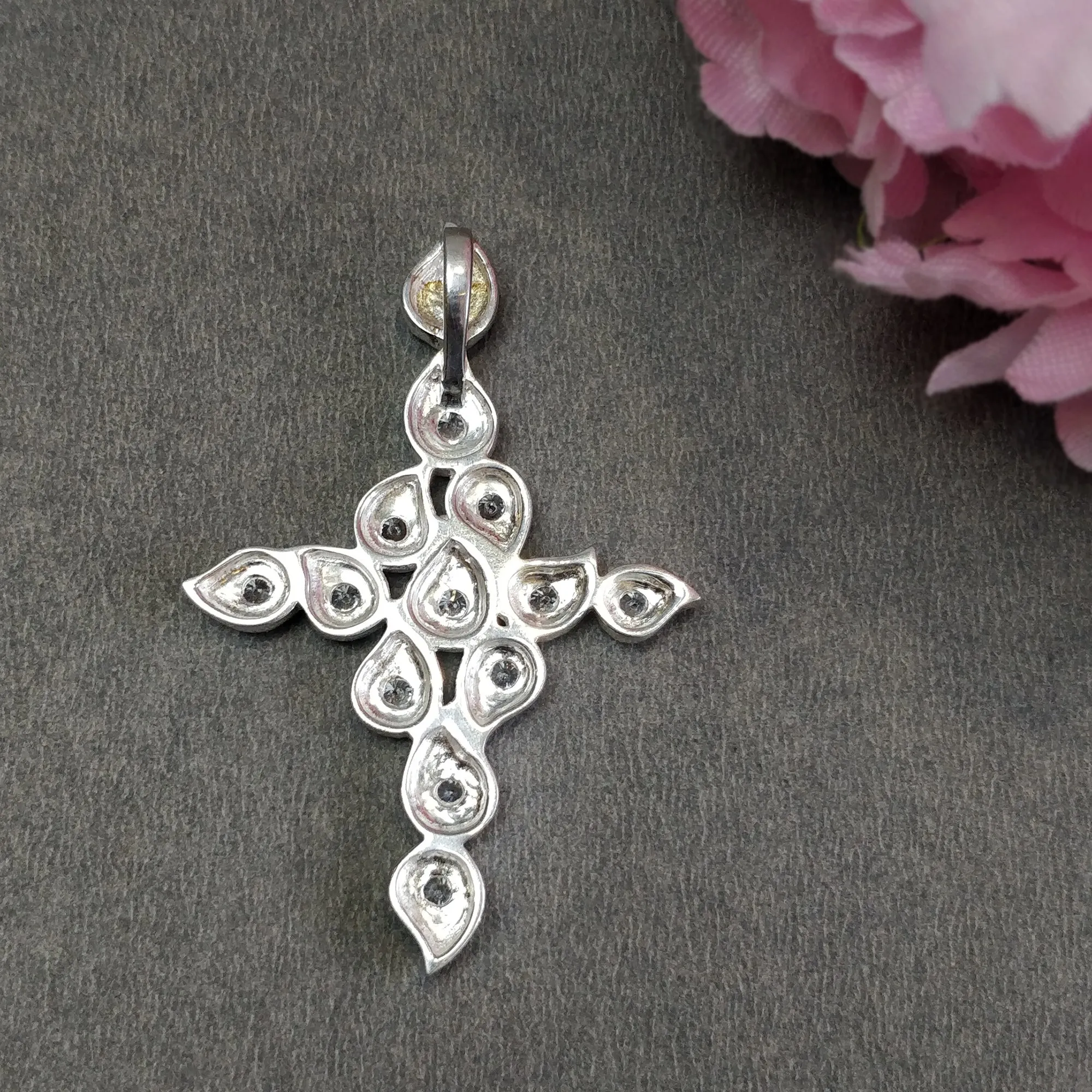 CUBIC ZIRCONIA With 925 Sterling Silver Pendant : 9.90gms Fashion Jewellry Jesus Cross Pendant 2.15" Gift For Her