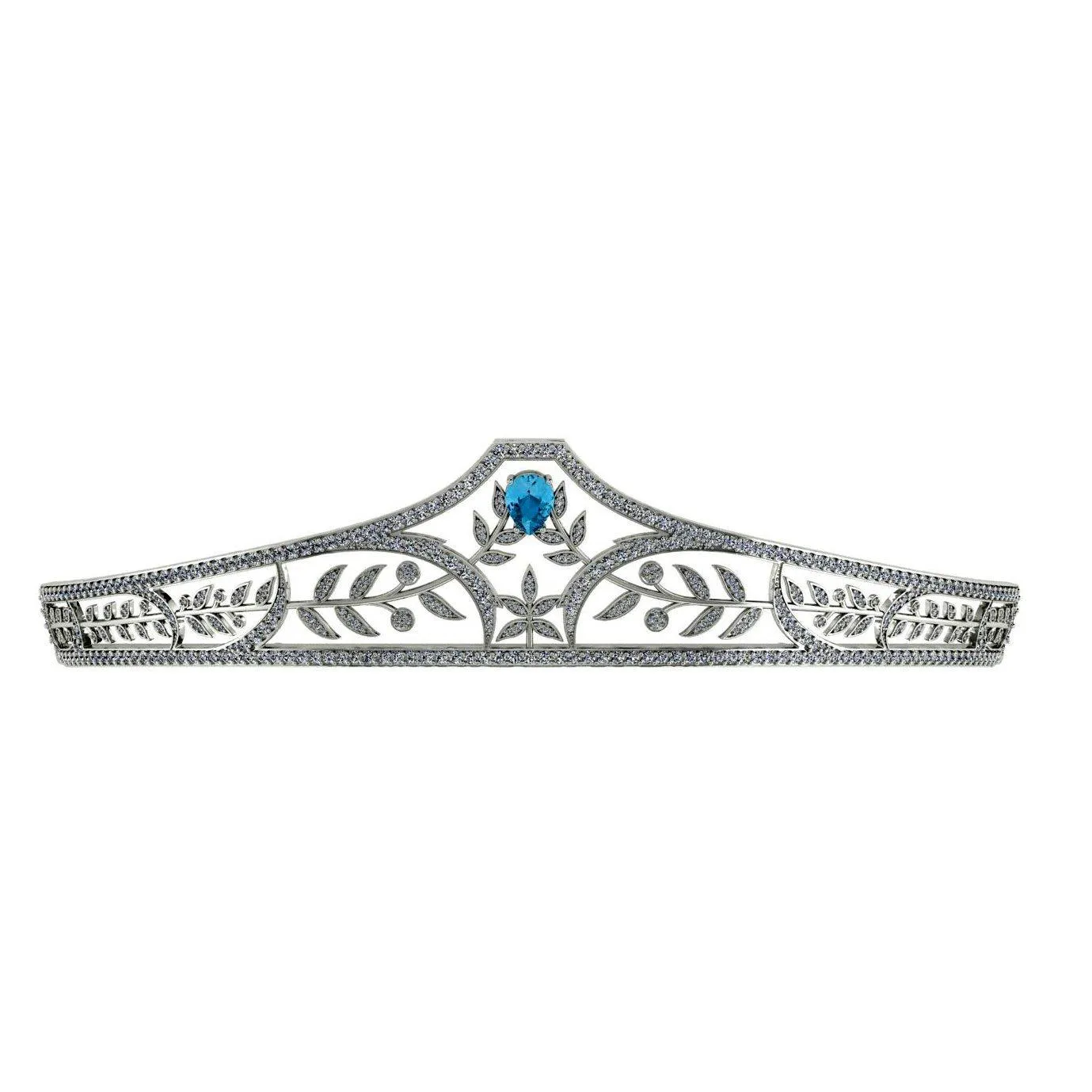 Diamond Sterling Silver Bridal Tiara with Blue Topaz Stone