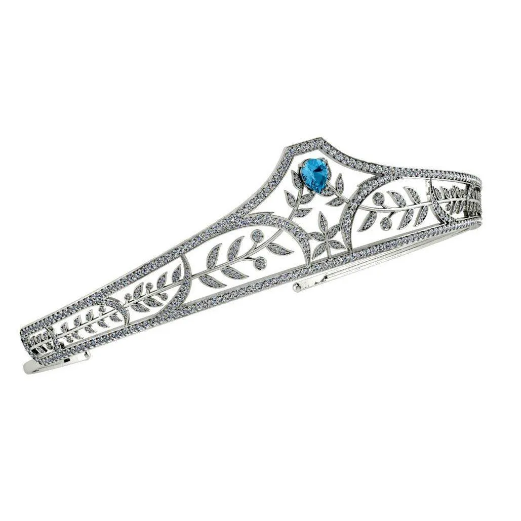 Diamond Sterling Silver Bridal Tiara with Blue Topaz Stone