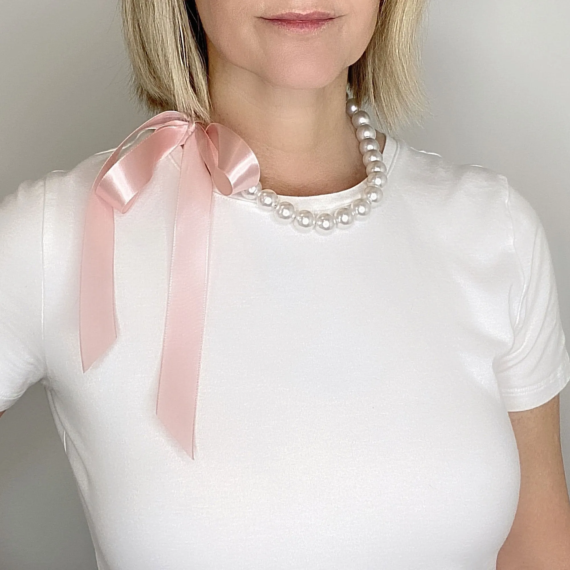 DOTTY blush pink ribbon pearl necklace