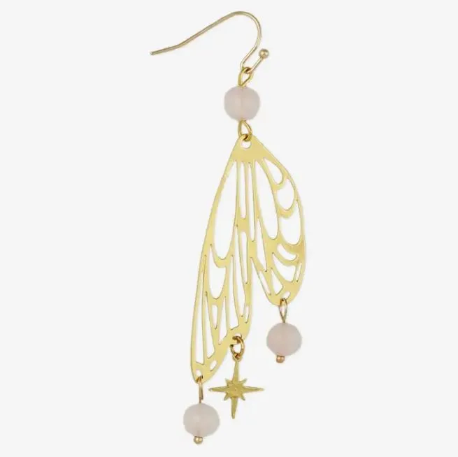 Earrings - Rose Quartz Bead Butterfly Wing Earrings