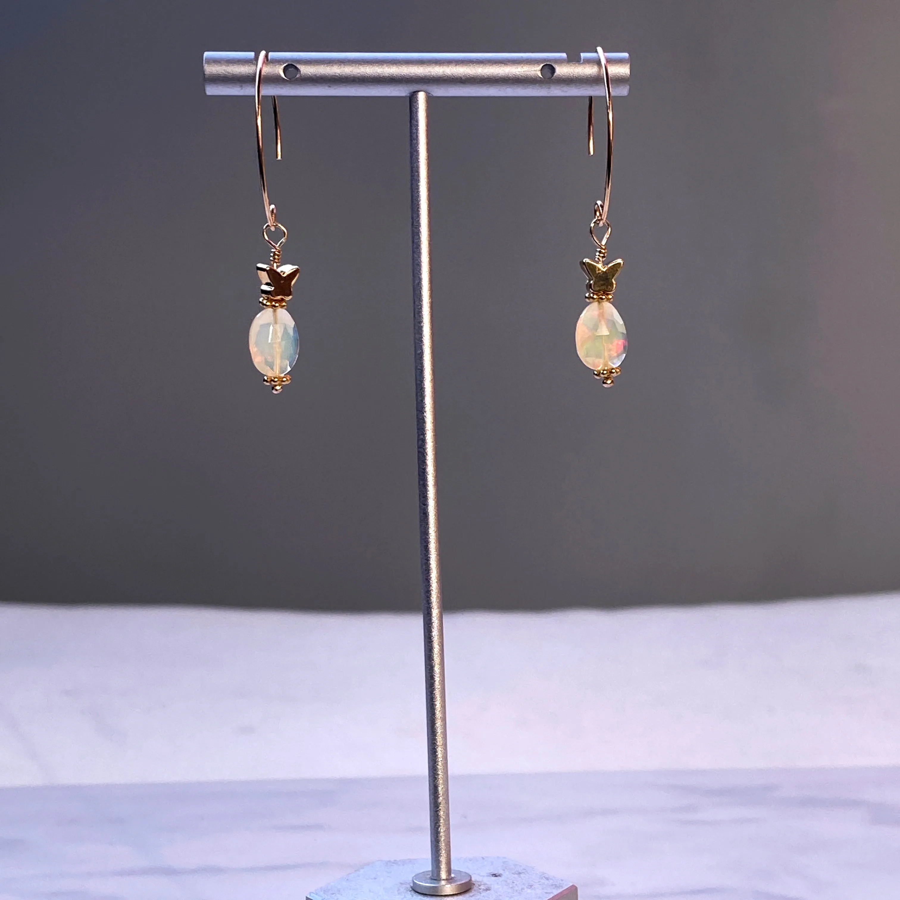 Ethiopian Opal gemstones and 14 kt Gold Fill Butterfly Dangle Earrings