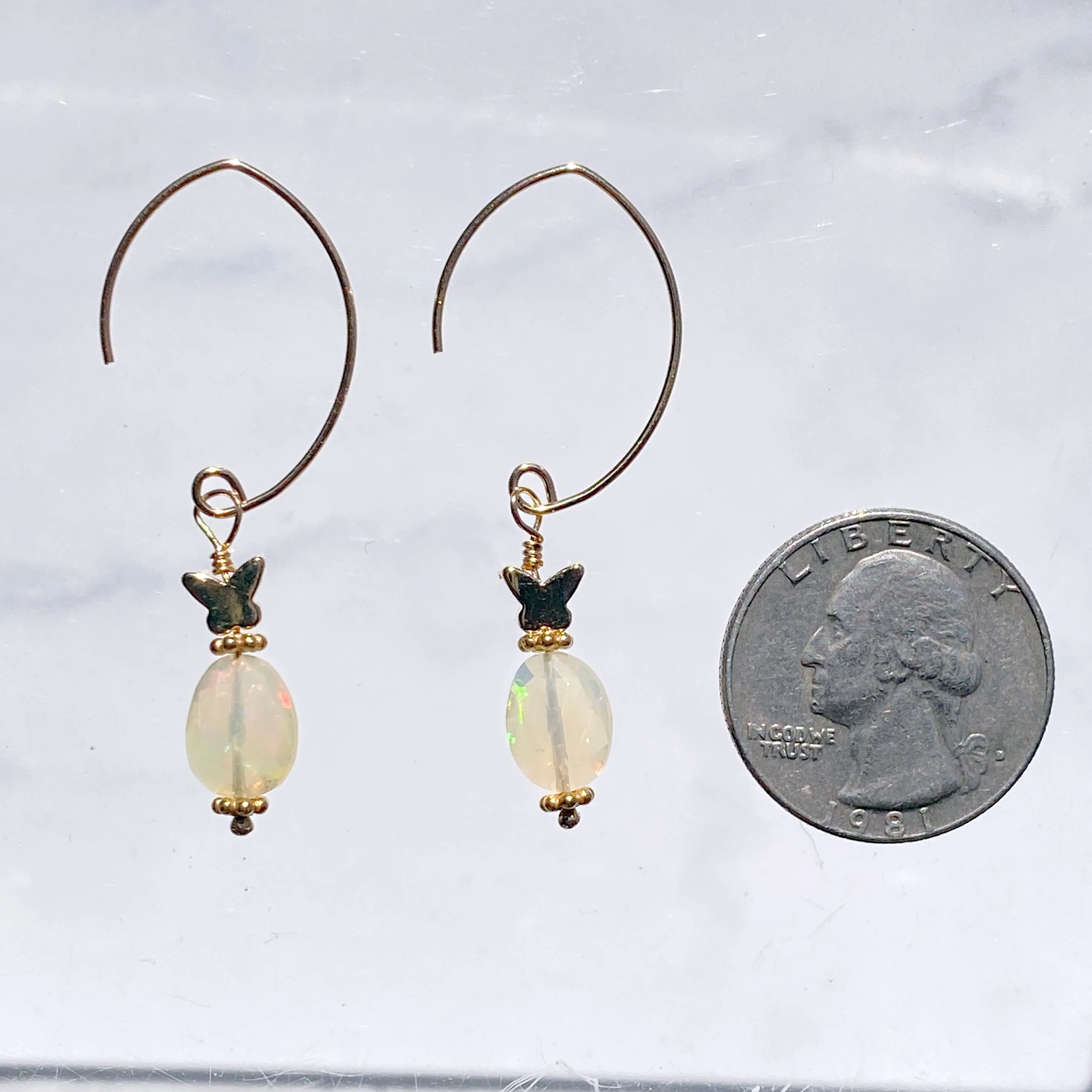 Ethiopian Opal gemstones and 14 kt Gold Fill Butterfly Dangle Earrings