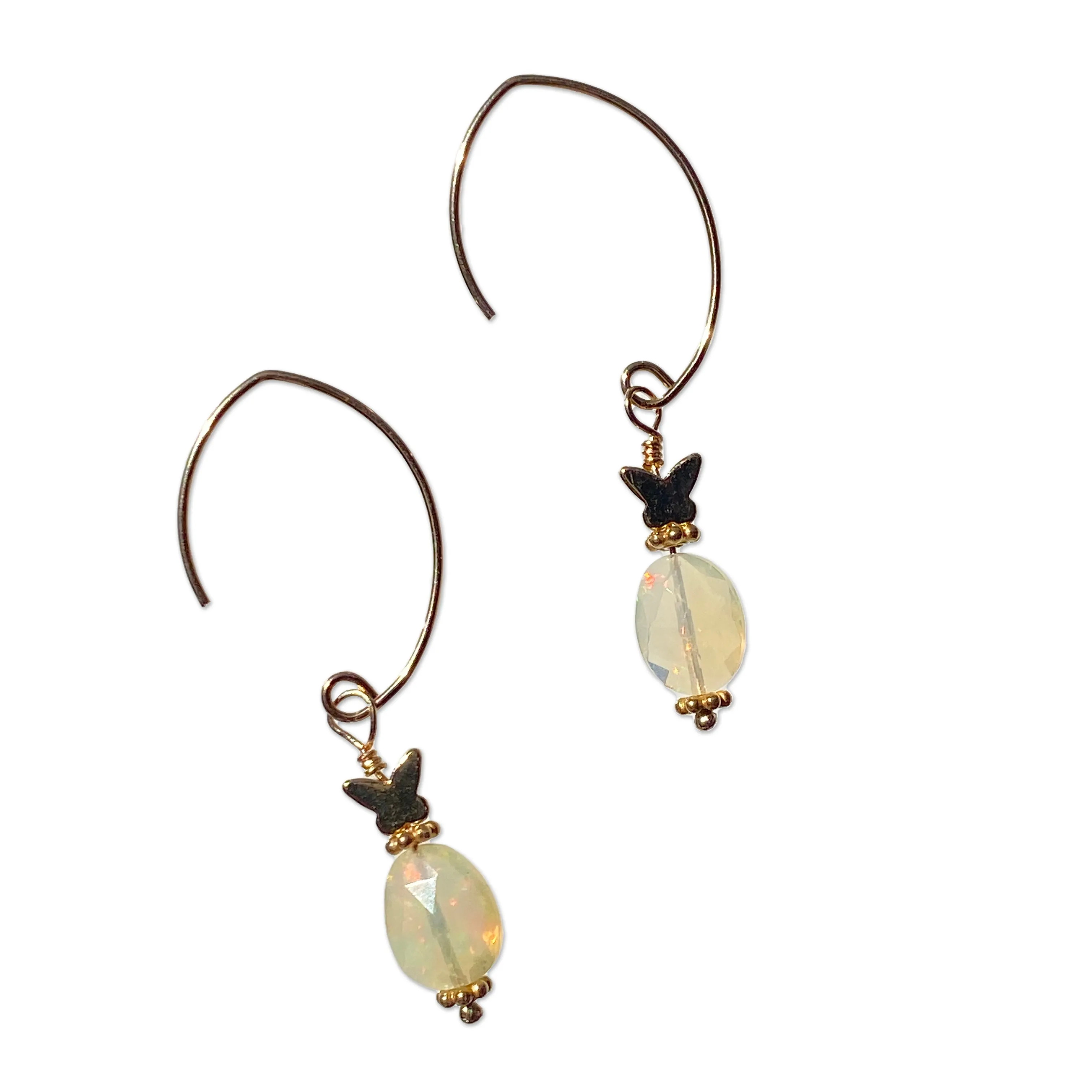 Ethiopian Opal gemstones and 14 kt Gold Fill Butterfly Dangle Earrings