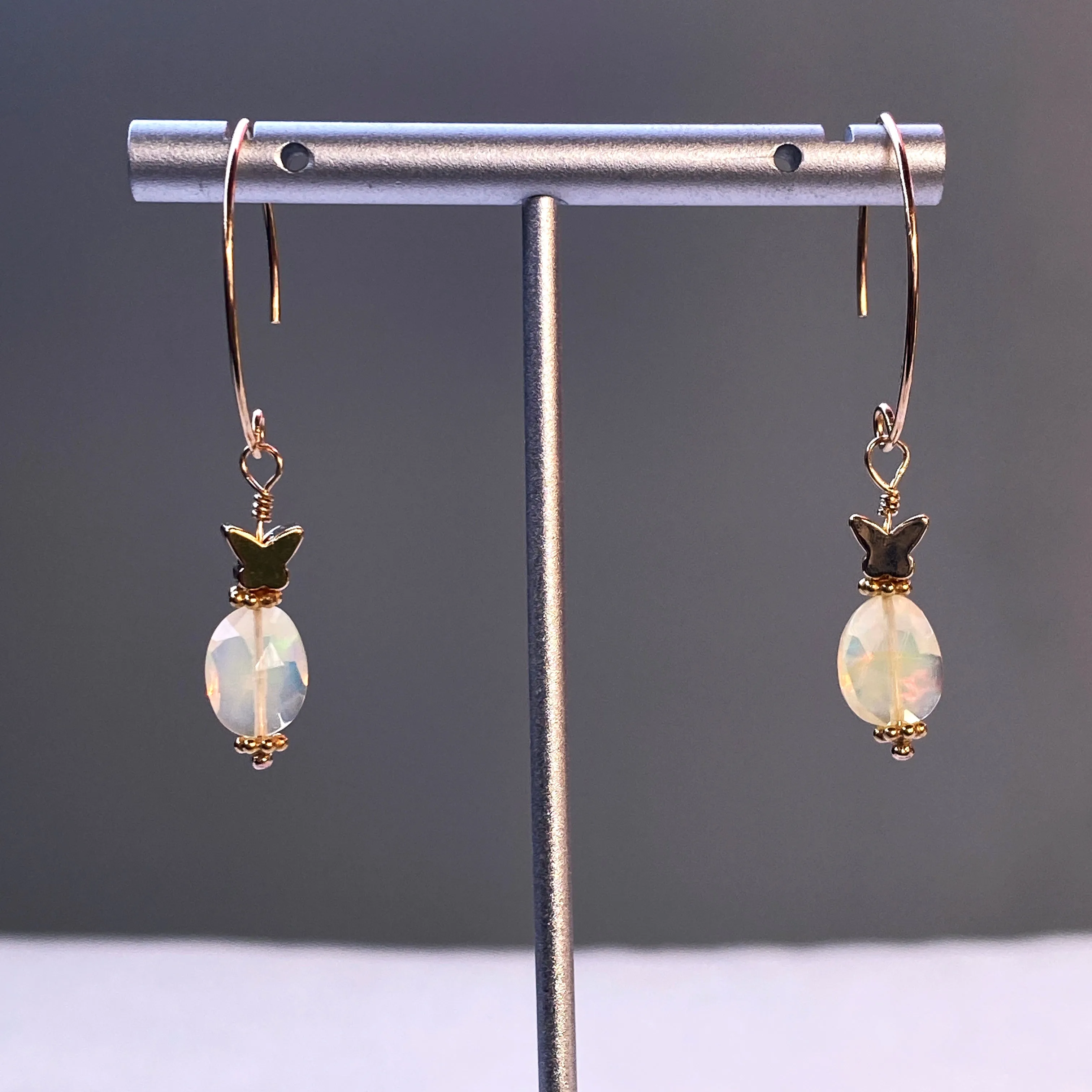 Ethiopian Opal gemstones and 14 kt Gold Fill Butterfly Dangle Earrings