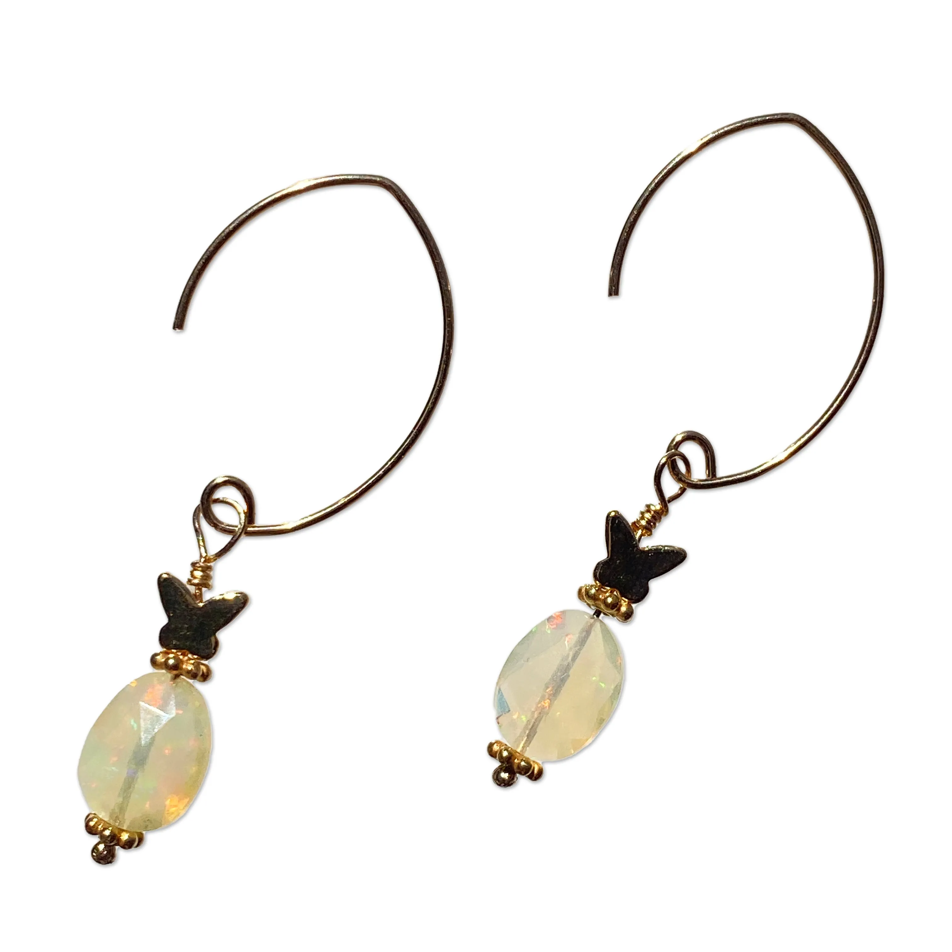 Ethiopian Opal gemstones and 14 kt Gold Fill Butterfly Dangle Earrings