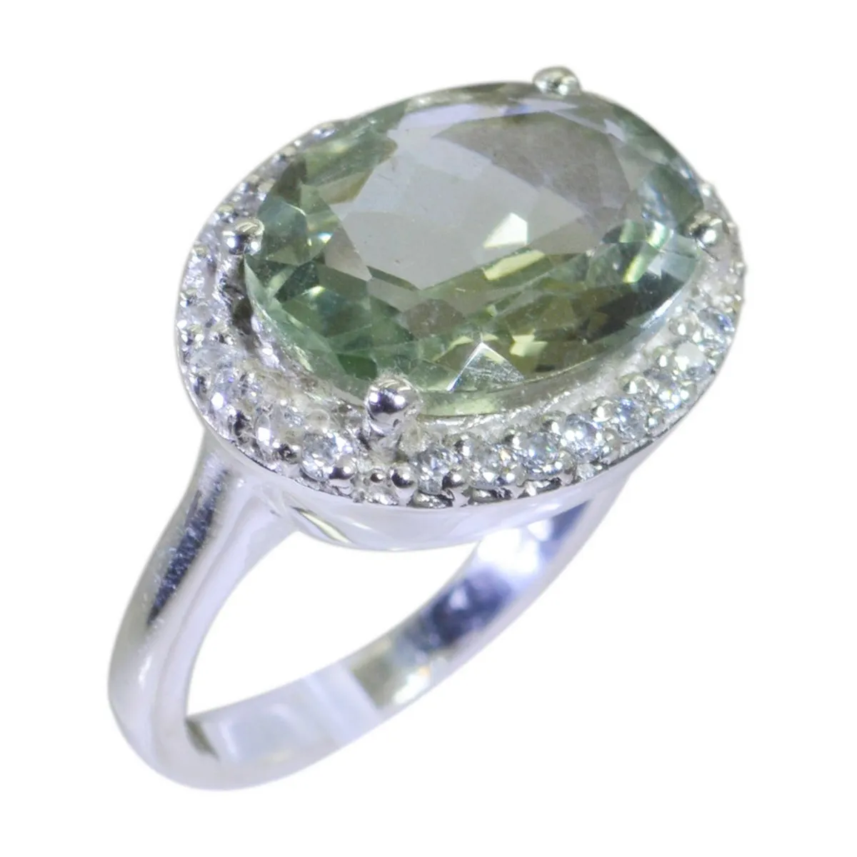 Fine-Looking Gem Green Amethyst Silver Ring Italian Gold Jewelry