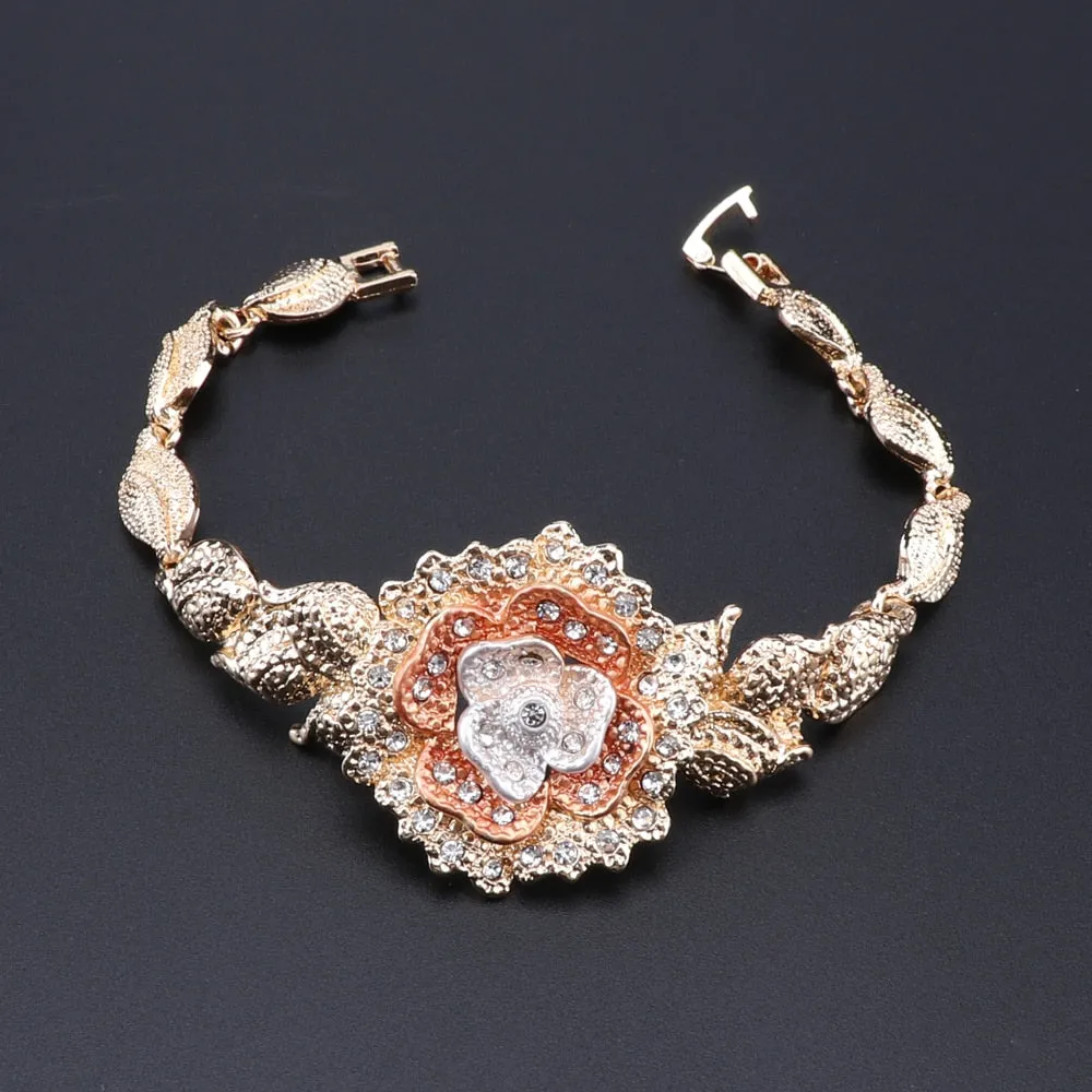 Flower Crystal Necklace, Bracelet, Earrings & Ring Wedding Statement Jewelry Set