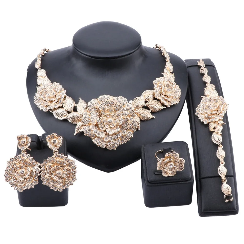 Flower Crystal Necklace, Bracelet, Earrings & Ring Wedding Statement Jewelry Set