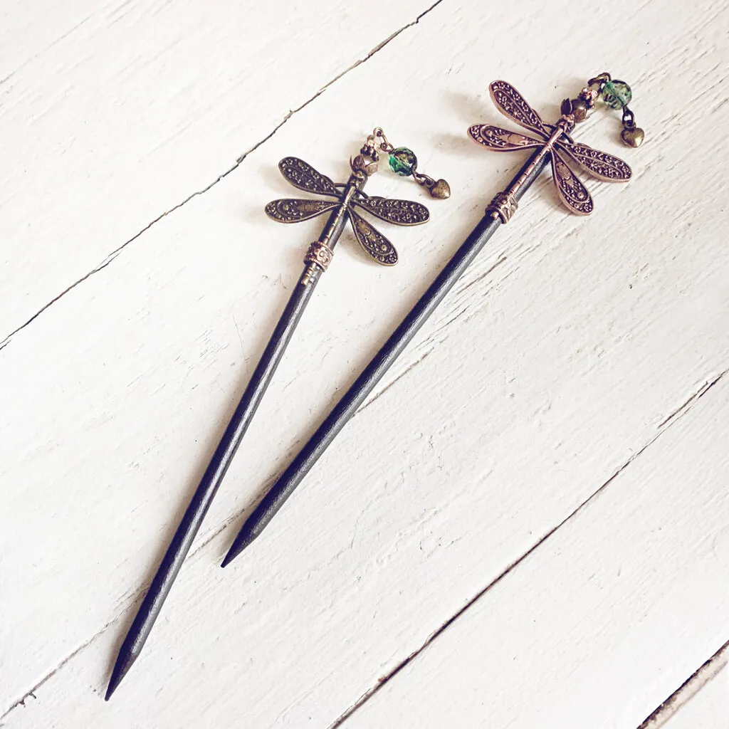 forest dragonfly // wooden dragonfly embellished hairpin, hair stick