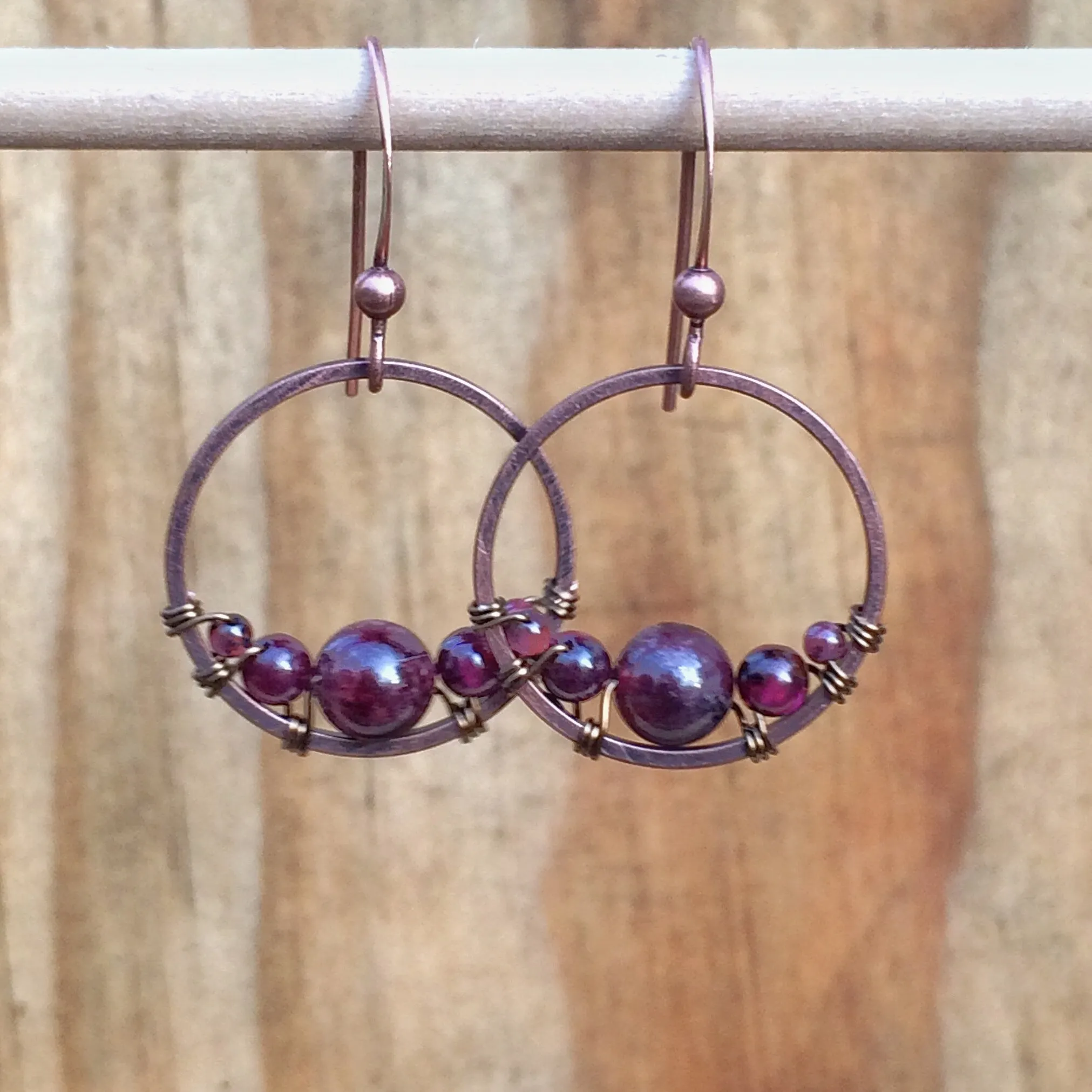 Garnet Earrings, Small Garnet Hoop Earrings, Red Garnet Jewelry, Copper Hoop Earrings, Copper Jewelry, Garnet Jewelry Set