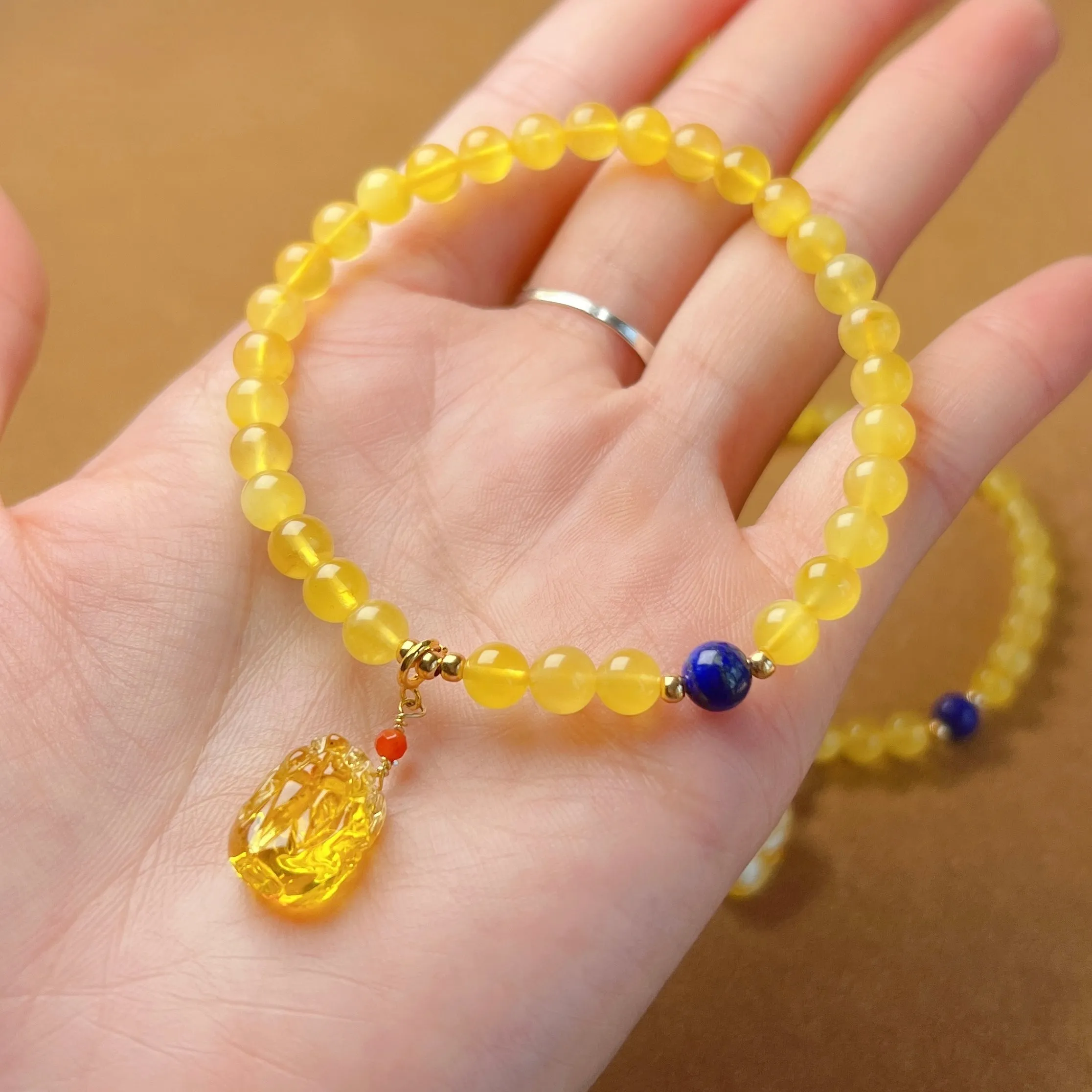 Genuine Amber Bracelet with Mini Pixiu Pendant | Lucky Stone of Aries Gemini Leo Virgo | One of A Kind Jewelry